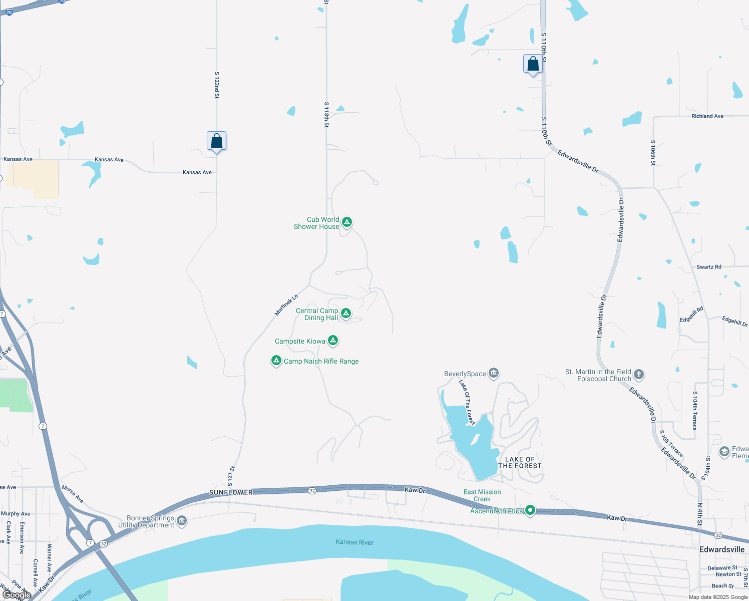 map of restaurants, bars, coffee shops, grocery stores, and more near Camp Naish Rd in Bonner Springs