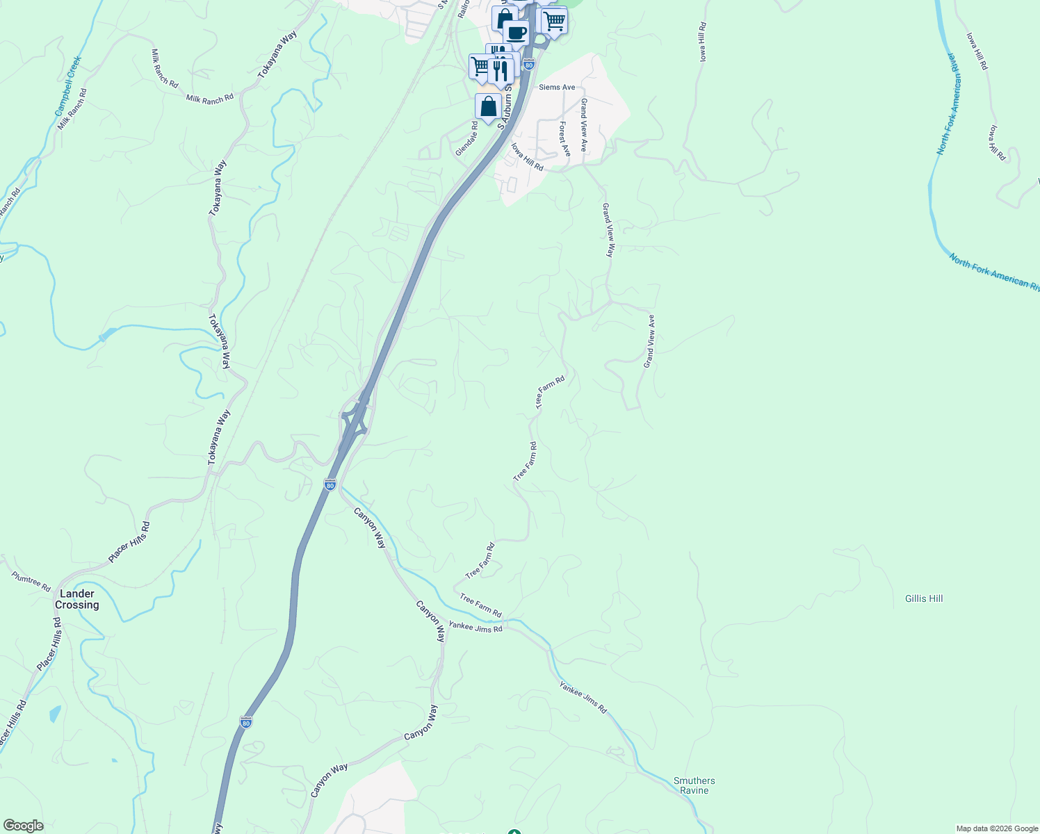 map of restaurants, bars, coffee shops, grocery stores, and more near 23255 Tree Farm Road in Colfax