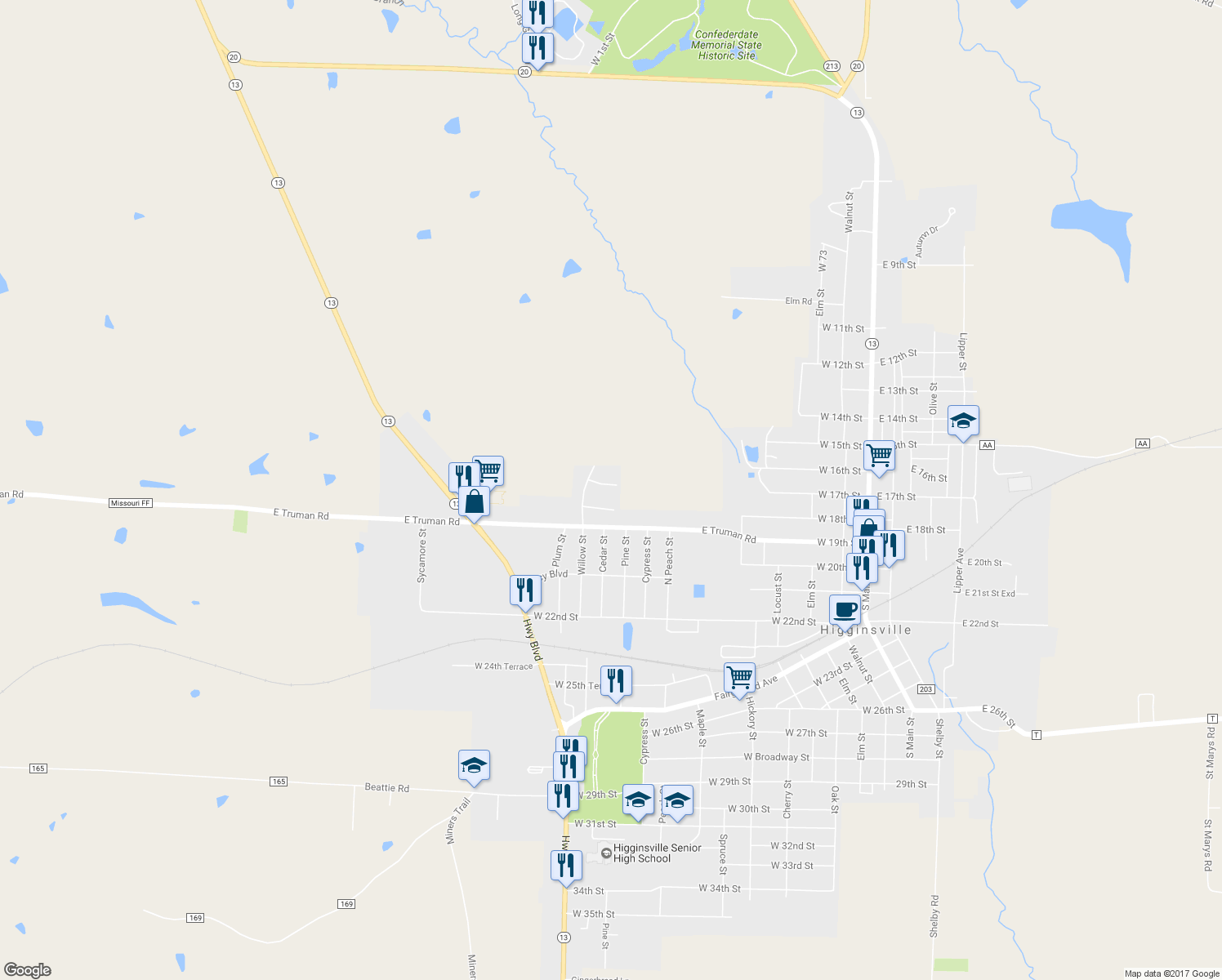 map of restaurants, bars, coffee shops, grocery stores, and more near 843 Willow Creek Lane in Higginsville