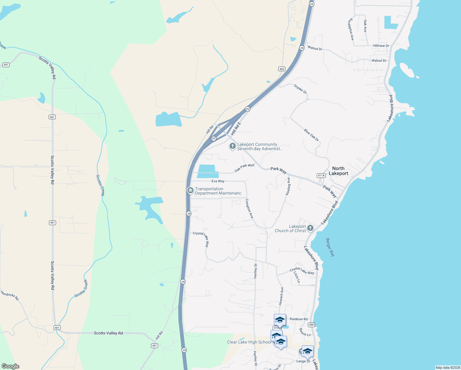 map of restaurants, bars, coffee shops, grocery stores, and more near 1000 Eva Way in Lakeport