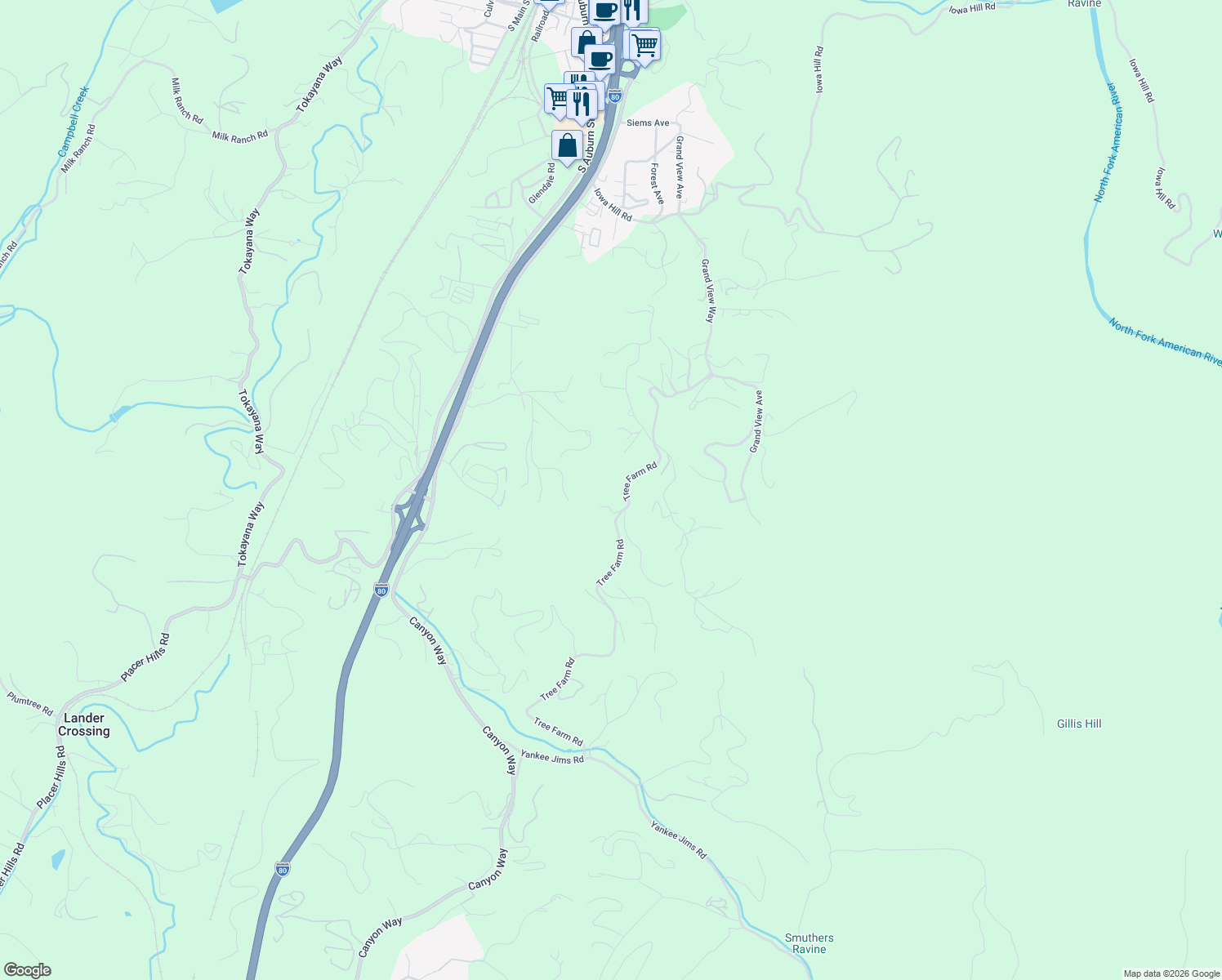 map of restaurants, bars, coffee shops, grocery stores, and more near 23255 Tree Farm Road in Colfax