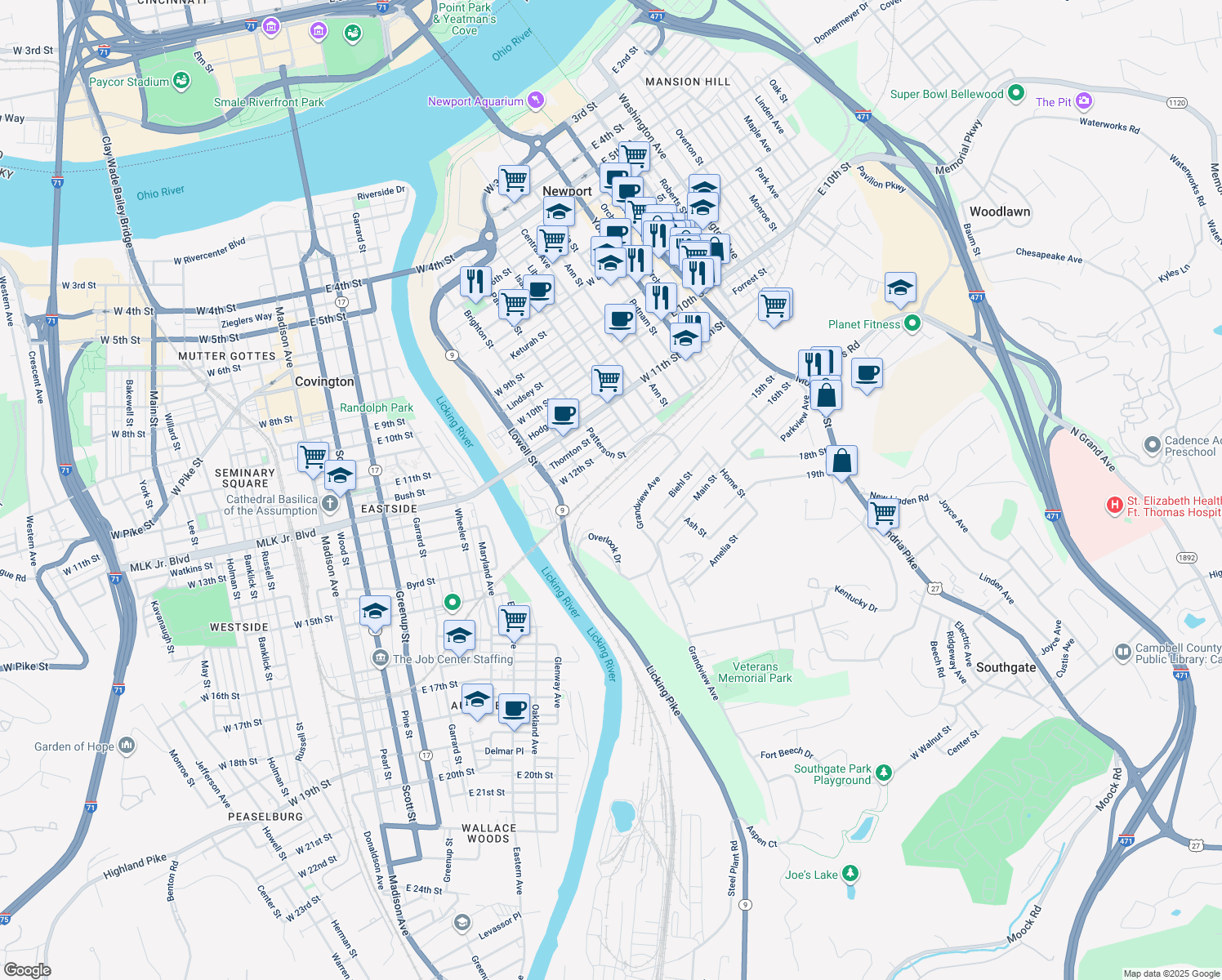 map of restaurants, bars, coffee shops, grocery stores, and more near 419 West 13th Street in Newport