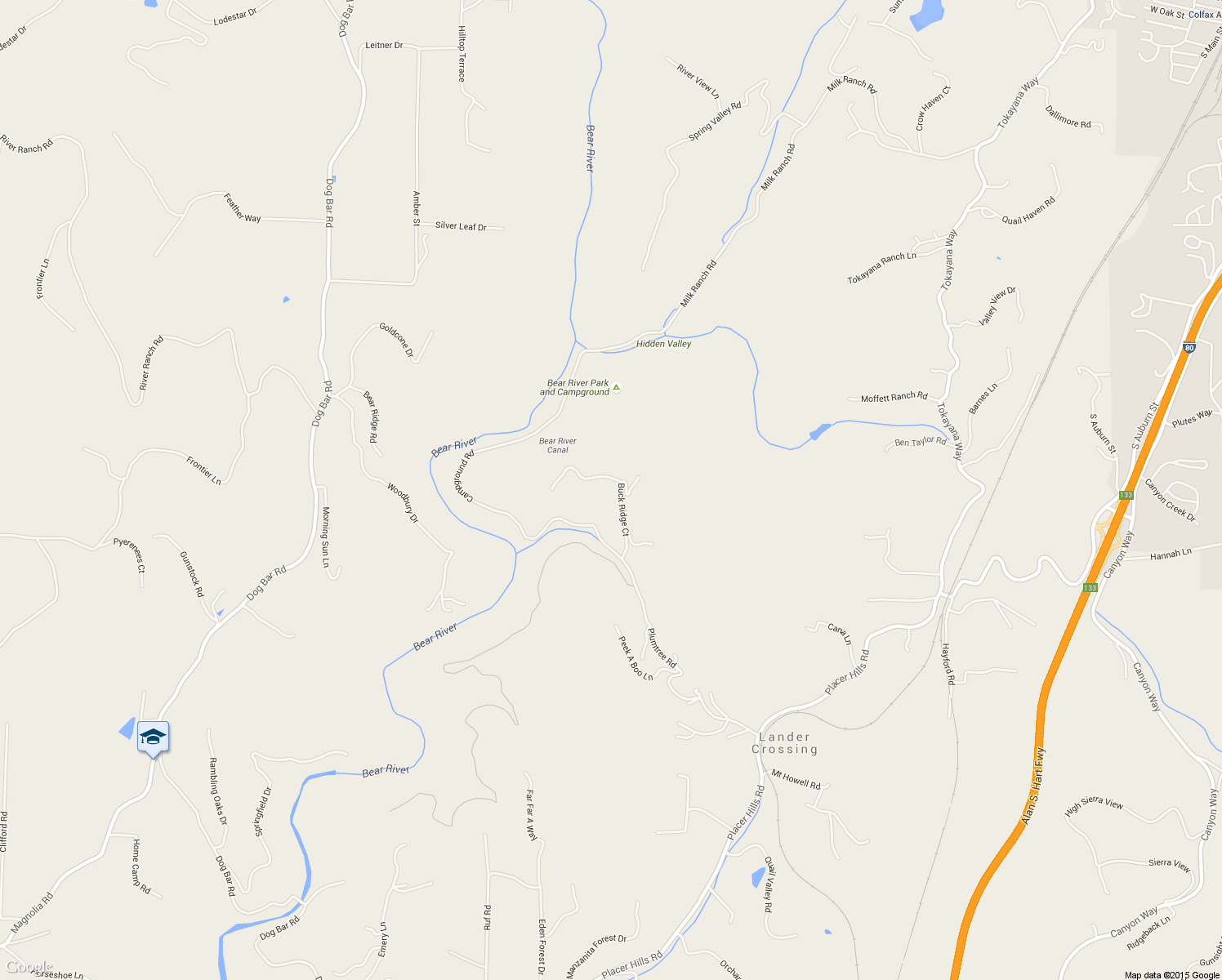 map of restaurants, bars, coffee shops, grocery stores, and more near 1845 Buck Ridge Court in Colfax