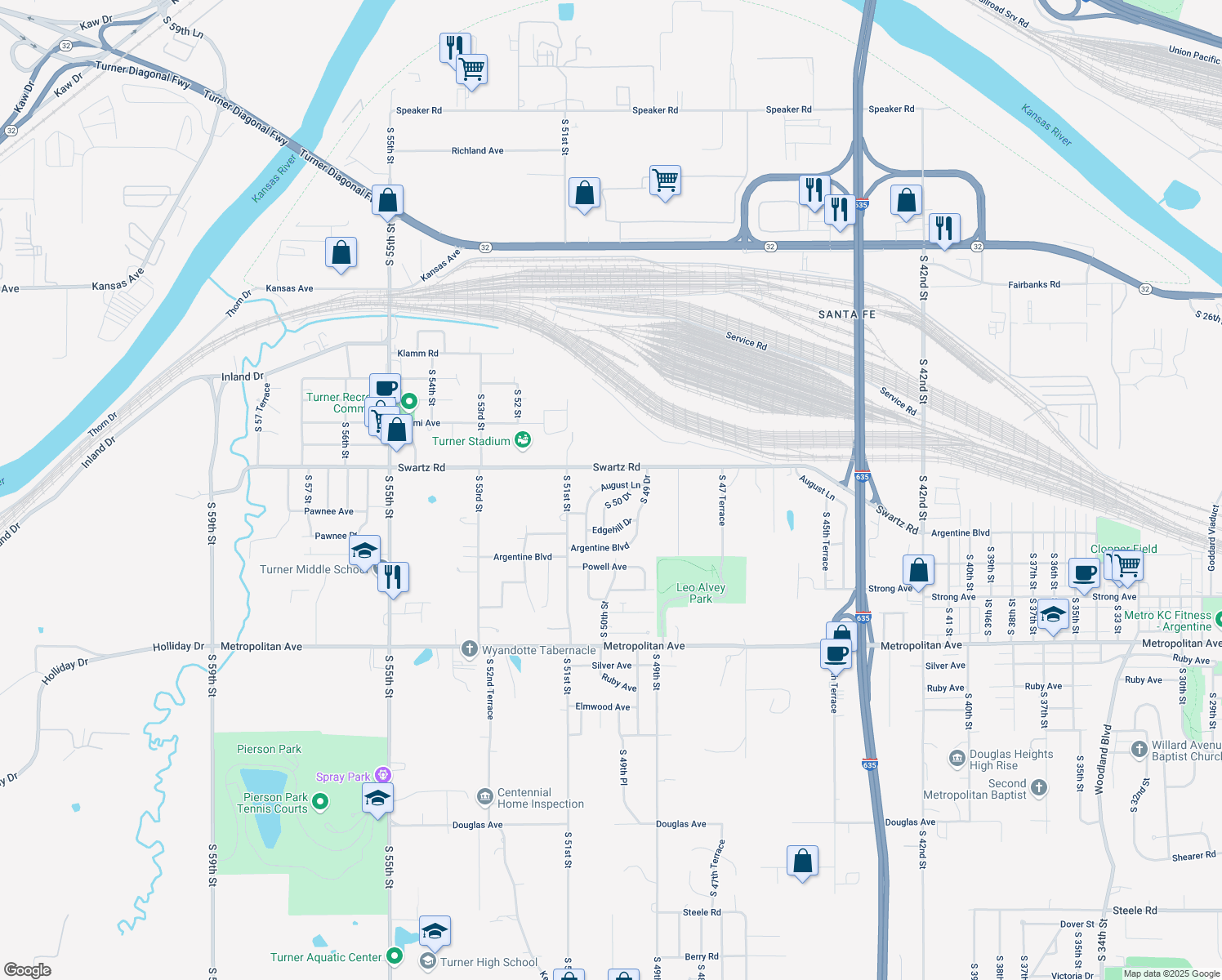 map of restaurants, bars, coffee shops, grocery stores, and more near 4937 August Ln in Kansas City
