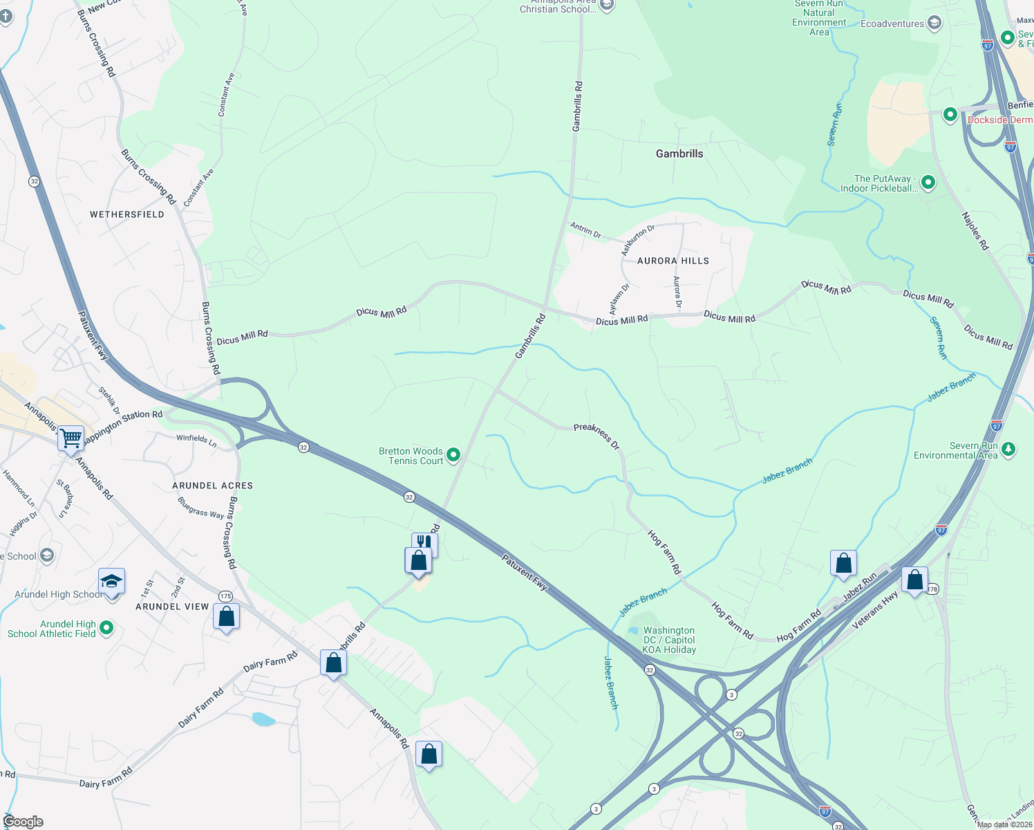 map of restaurants, bars, coffee shops, grocery stores, and more near 1681 Preakness Drive in Gambrills