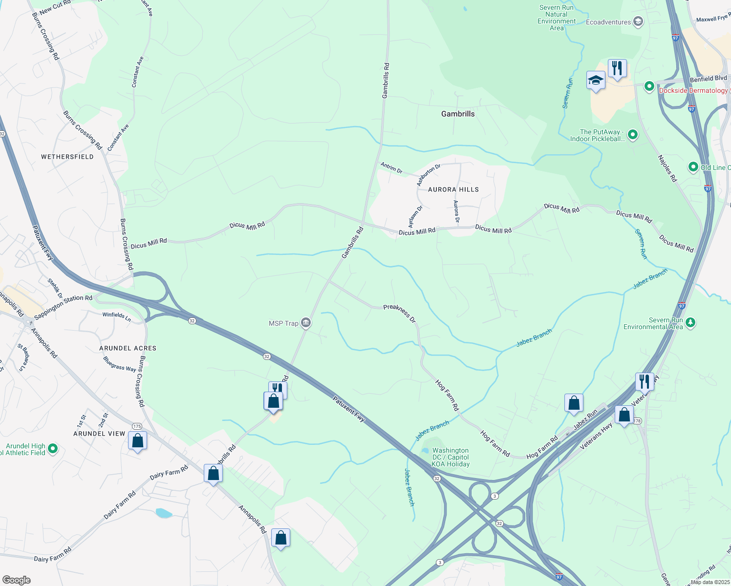 map of restaurants, bars, coffee shops, grocery stores, and more near 1680 Preakness Drive in Gambrills