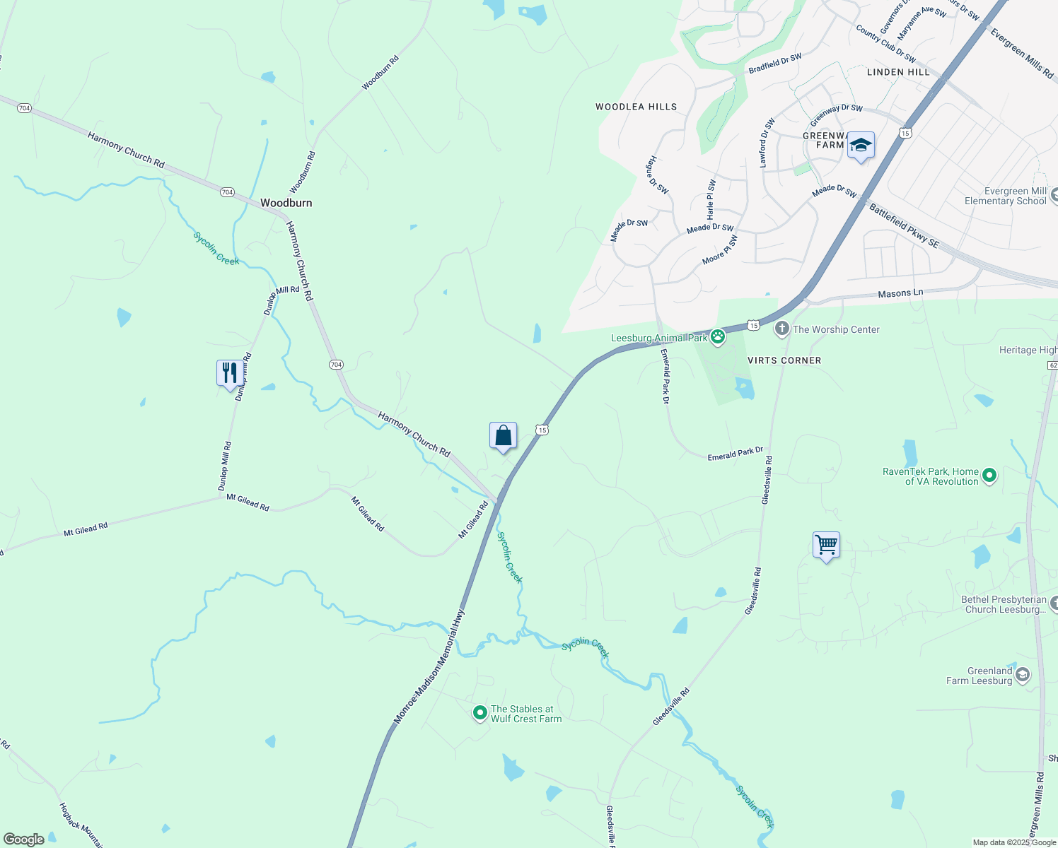 map of restaurants, bars, coffee shops, grocery stores, and more near 19447 James Monroe Highway in Leesburg