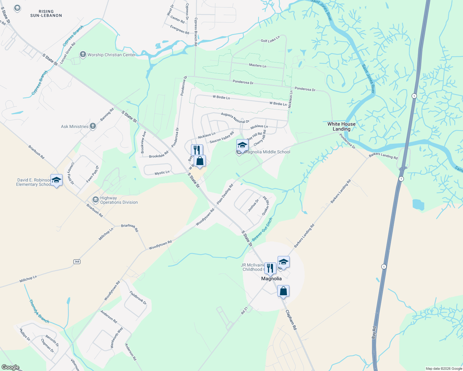 map of restaurants, bars, coffee shops, grocery stores, and more near 200 Plain Dealing Road in Magnolia