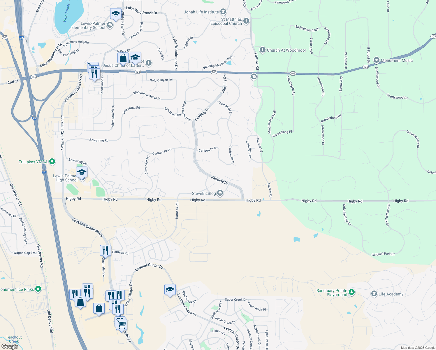 map of restaurants, bars, coffee shops, grocery stores, and more near 345 Scrub Oak Way in Monument