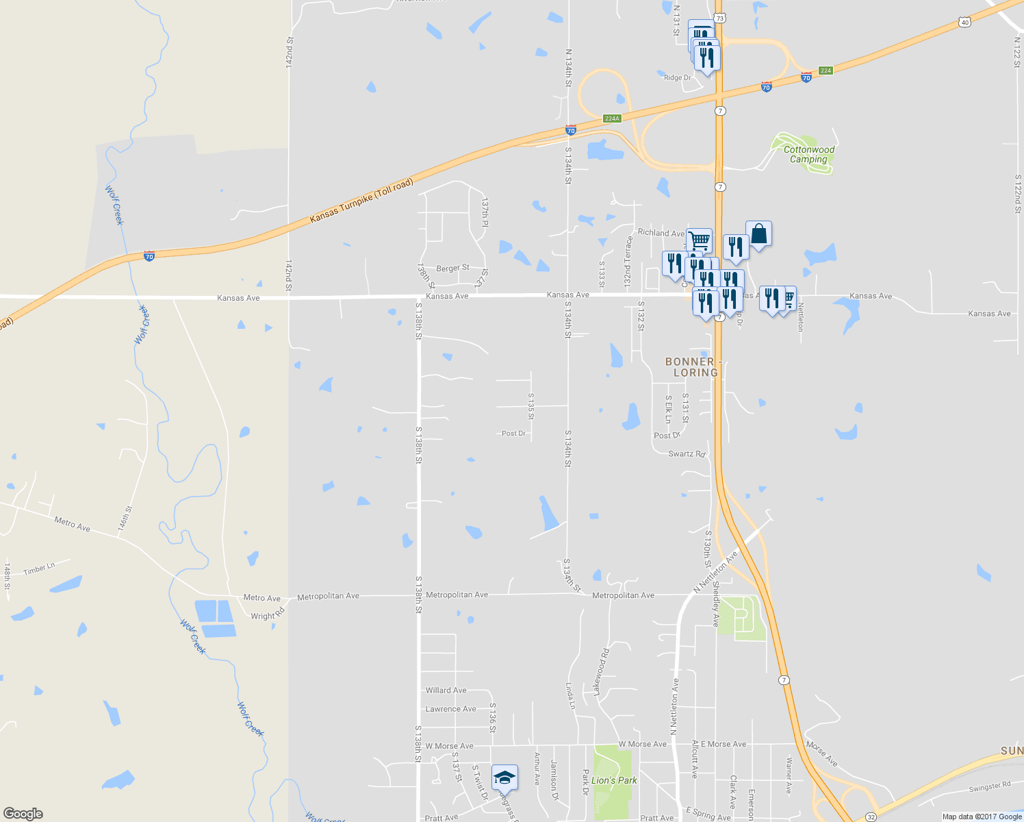 map of restaurants, bars, coffee shops, grocery stores, and more near 13521 Pioneer Drive in Bonner Springs
