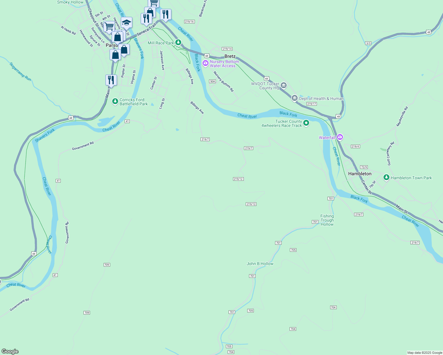 map of restaurants, bars, coffee shops, grocery stores, and more near 713 Bretz Back Road in Hambleton