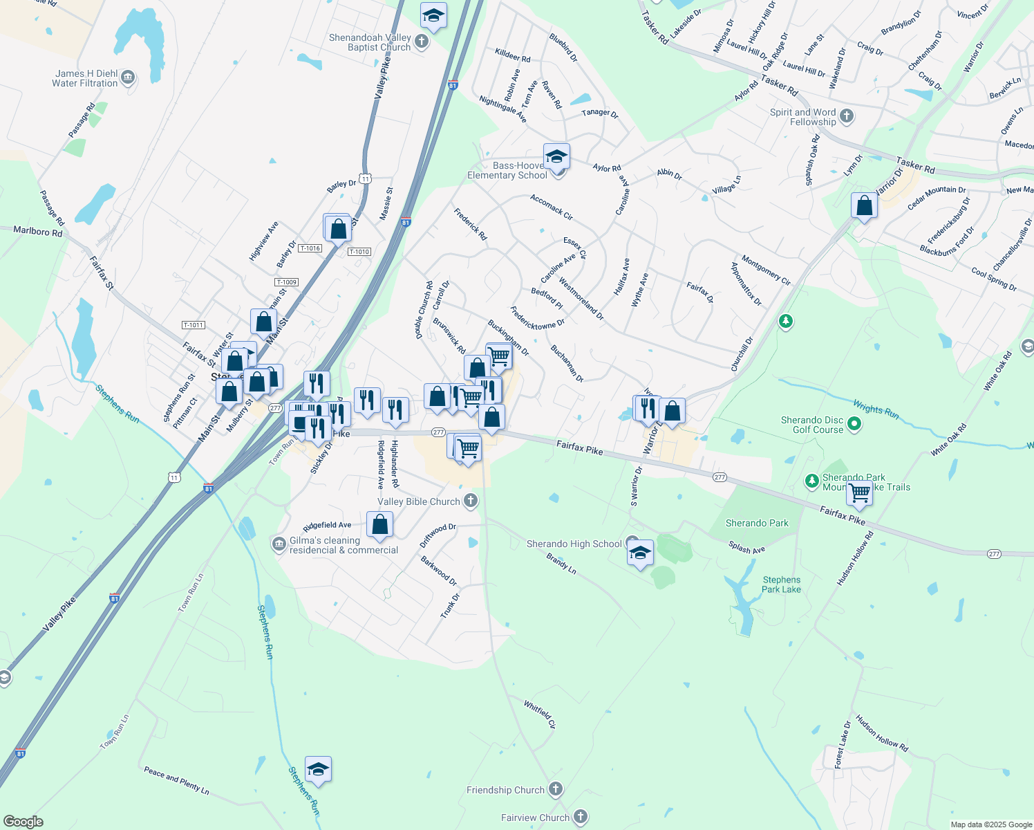 map of restaurants, bars, coffee shops, grocery stores, and more near 102 Nottoway Drive in Stephens City