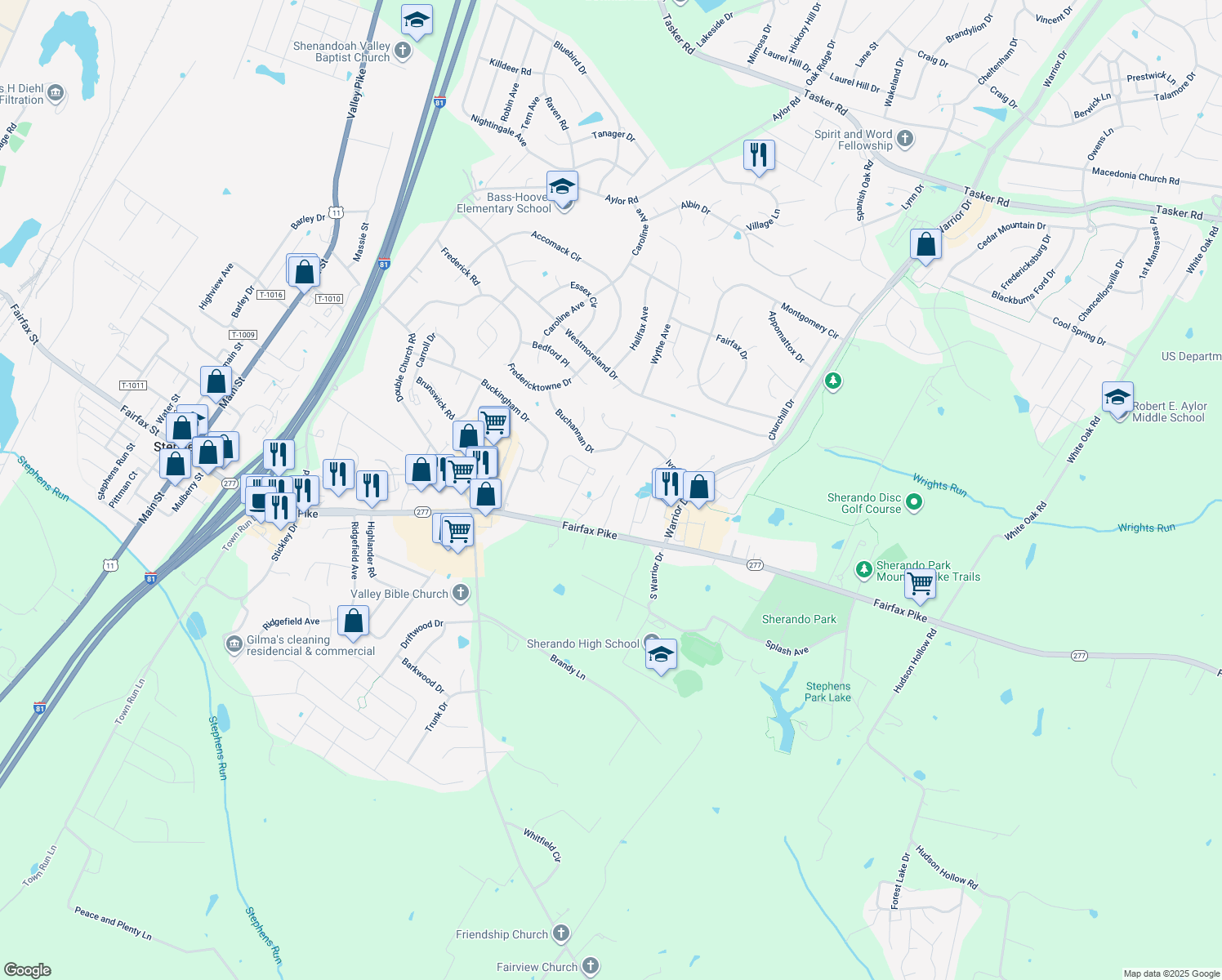 map of restaurants, bars, coffee shops, grocery stores, and more near 163 Lexington Court in Stephens City