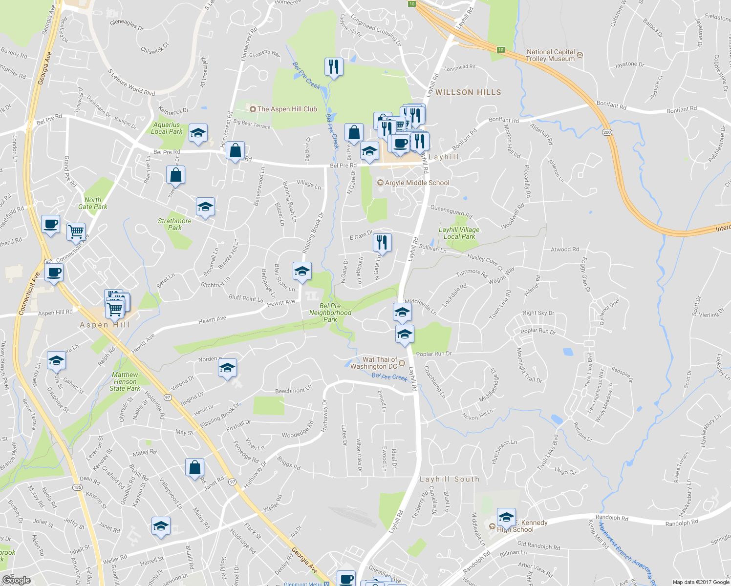map of restaurants, bars, coffee shops, grocery stores, and more near 13716 North Gate Drive in Silver Spring