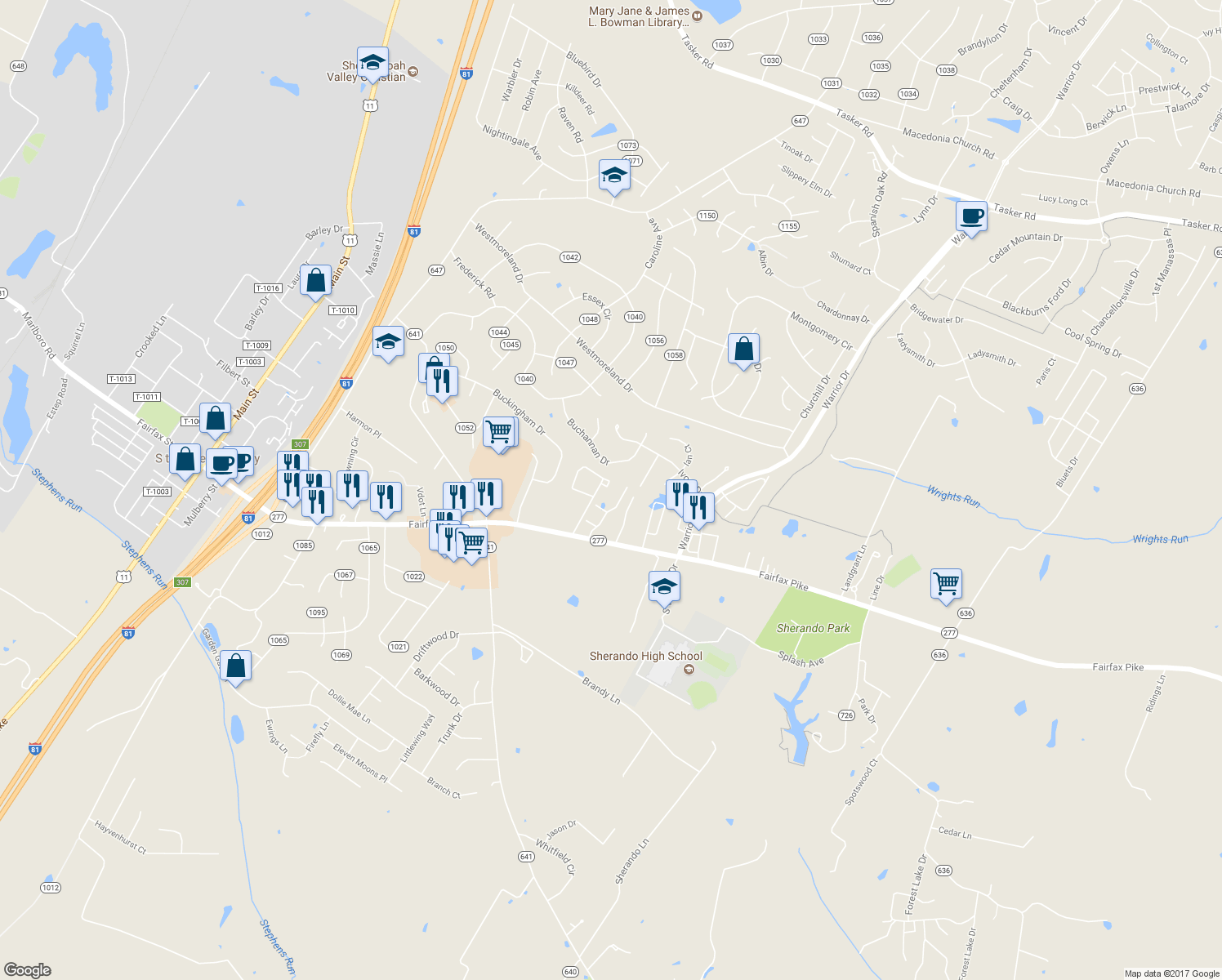 map of restaurants, bars, coffee shops, grocery stores, and more near 611 Georgetowne Court in Stephens City