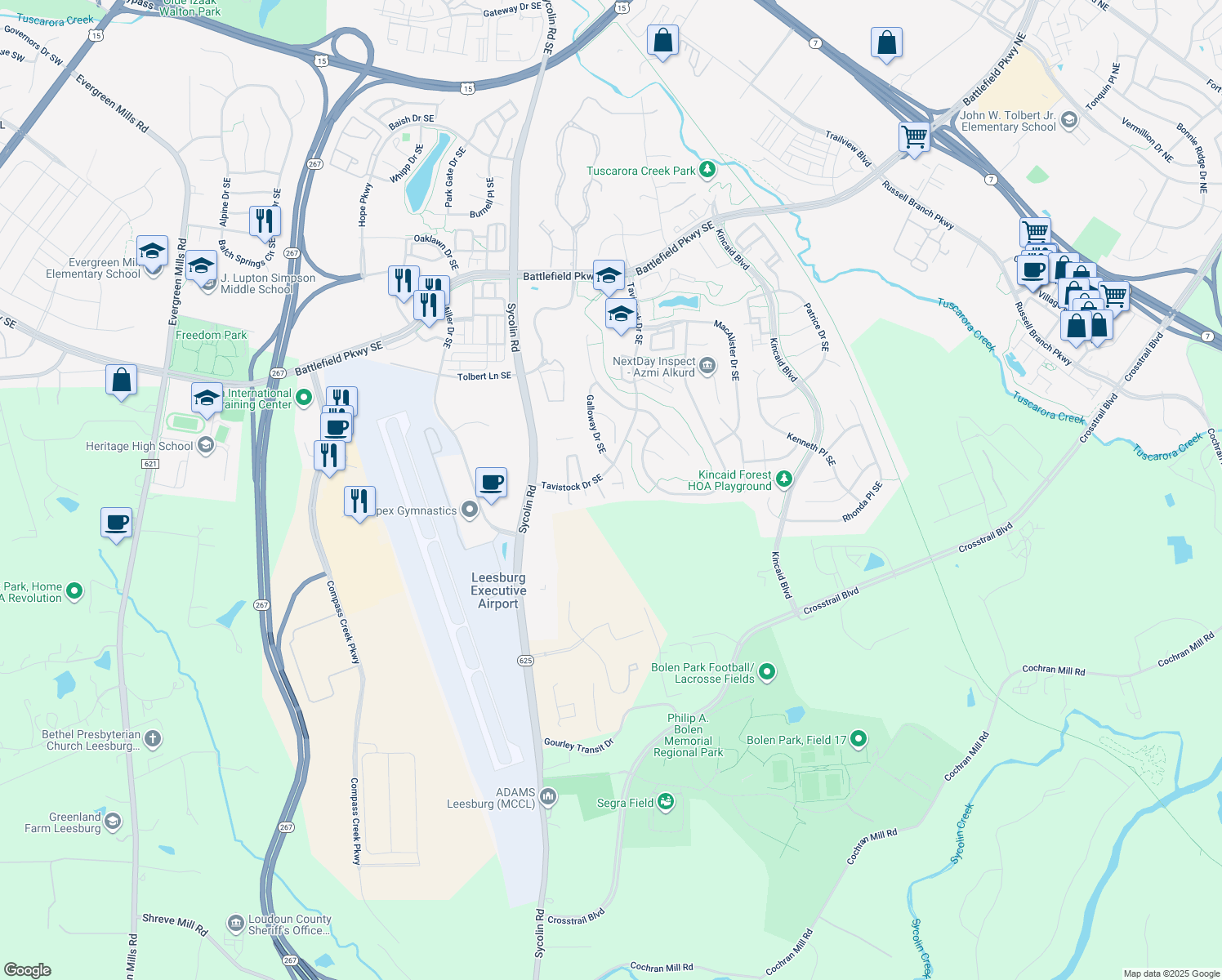 map of restaurants, bars, coffee shops, grocery stores, and more near 807 Hallyard Court Southeast in Leesburg