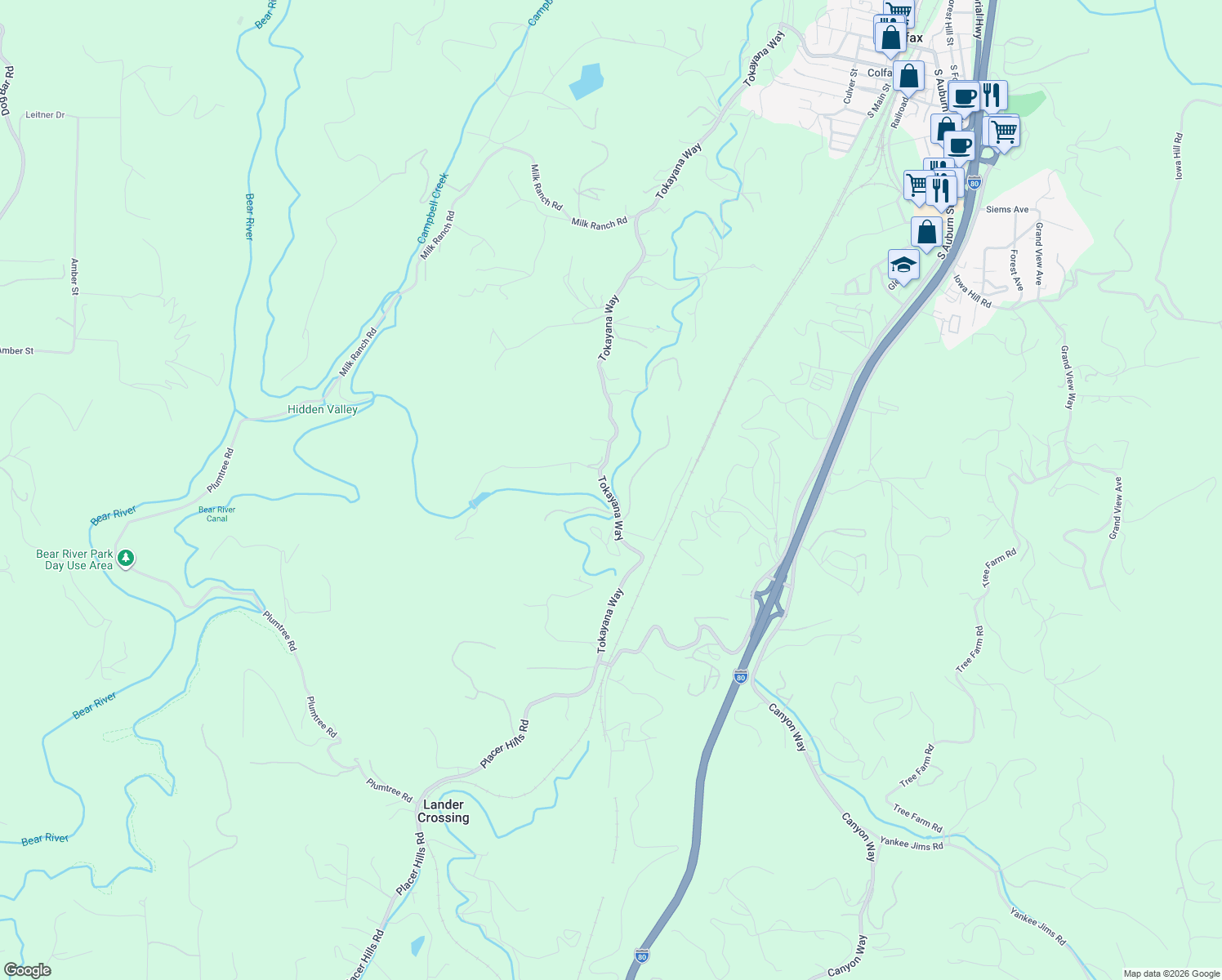 map of restaurants, bars, coffee shops, grocery stores, and more near 23310 Tokayana Way in Colfax