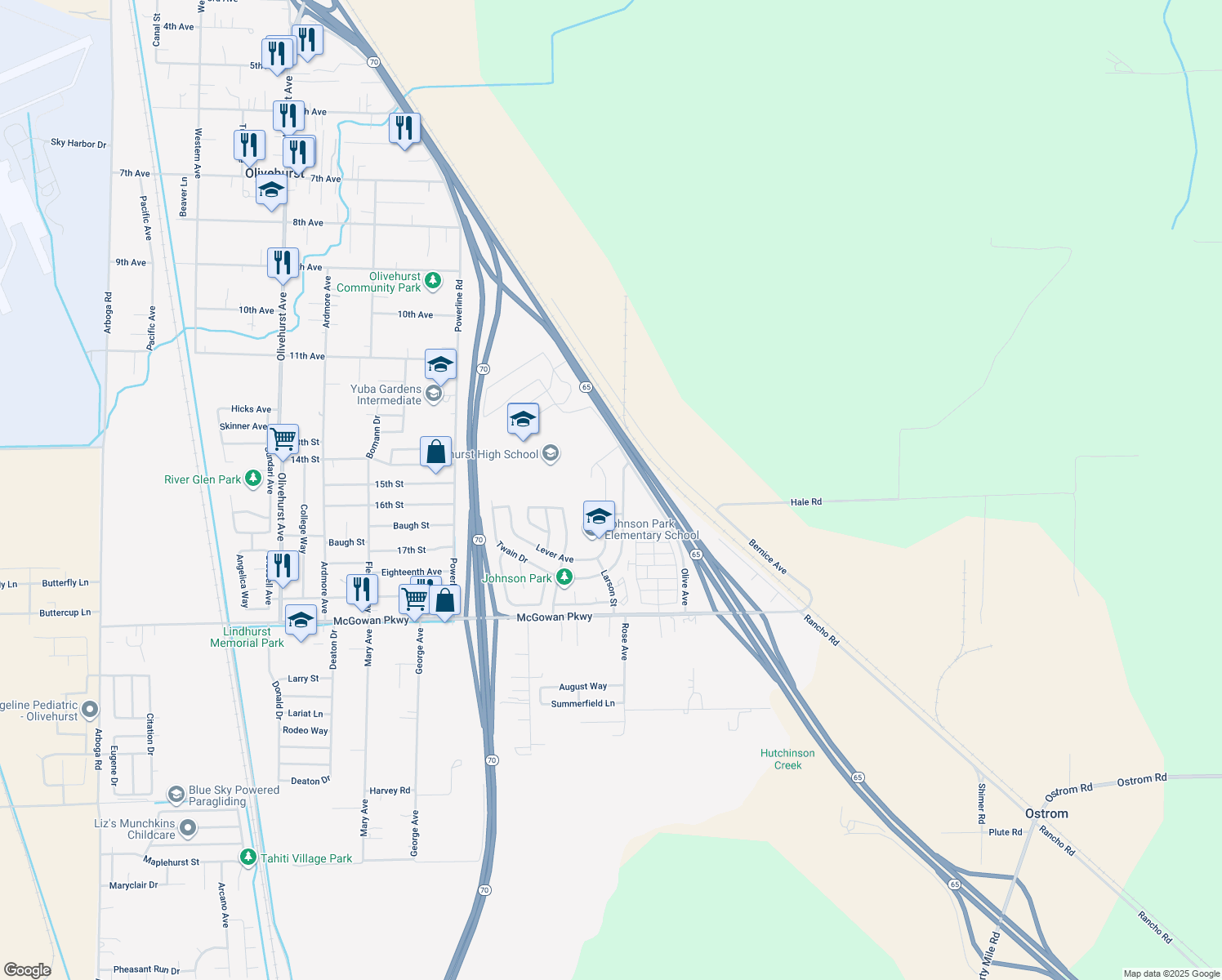 map of restaurants, bars, coffee shops, grocery stores, and more near 4423 Lever Avenue in Olivehurst