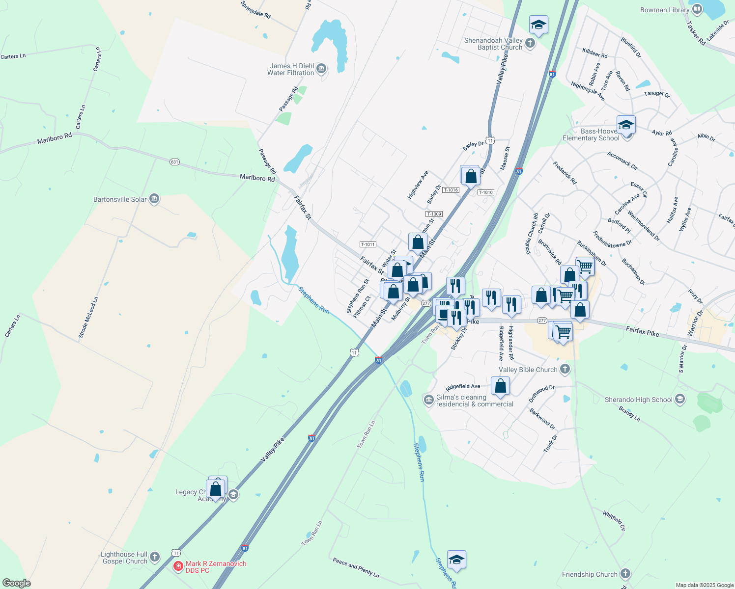 map of restaurants, bars, coffee shops, grocery stores, and more near 157 Pittman Court in Stephens City