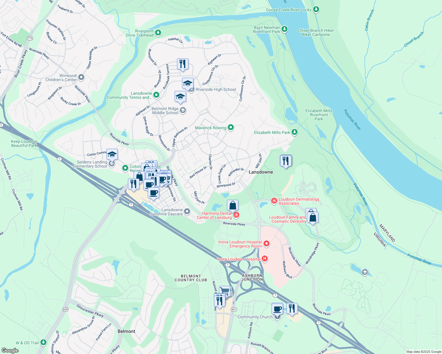 map of restaurants, bars, coffee shops, grocery stores, and more near 19292 Creek Field Circle in Leesburg