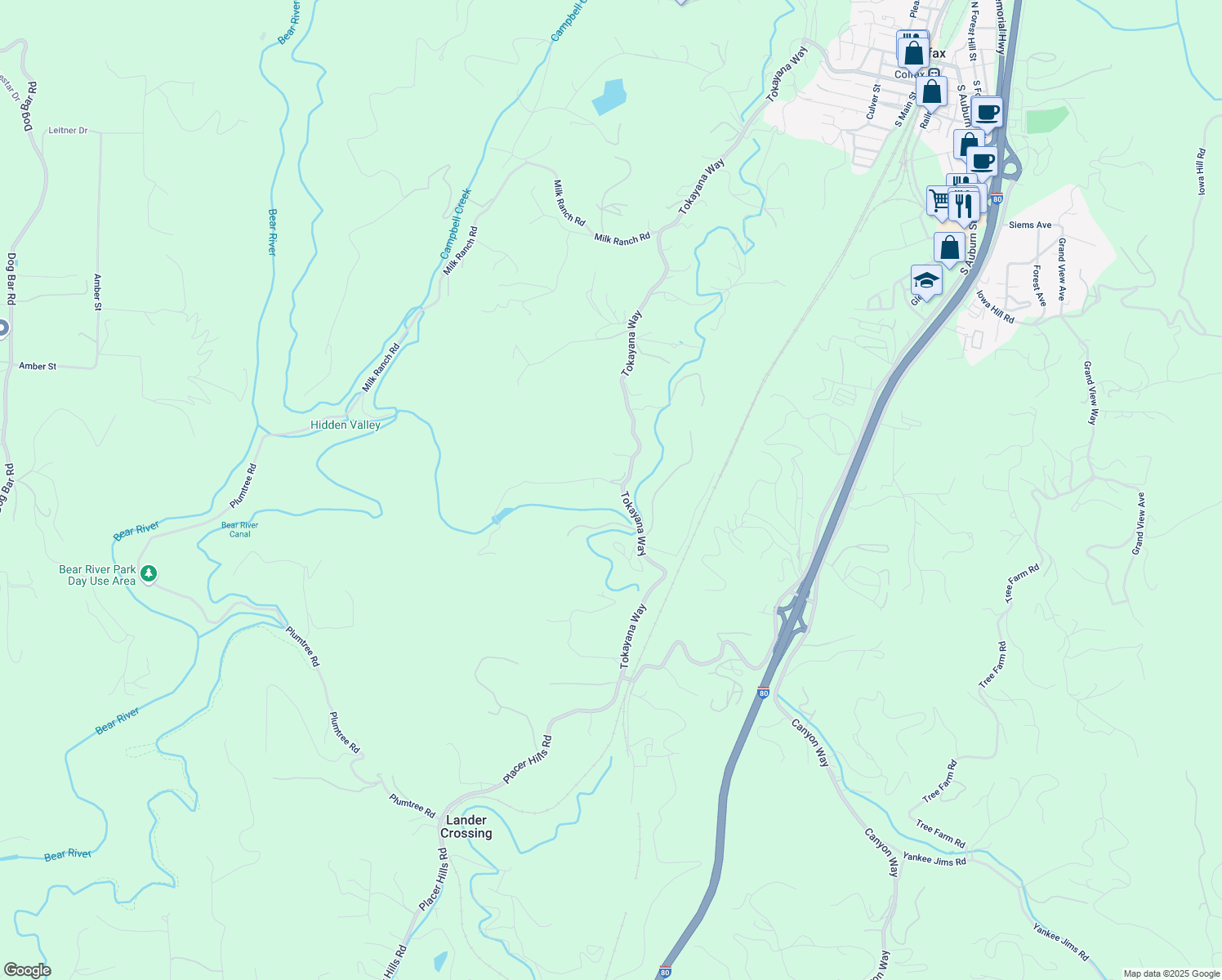 map of restaurants, bars, coffee shops, grocery stores, and more near 1011 Moffett Ranch Road in Colfax