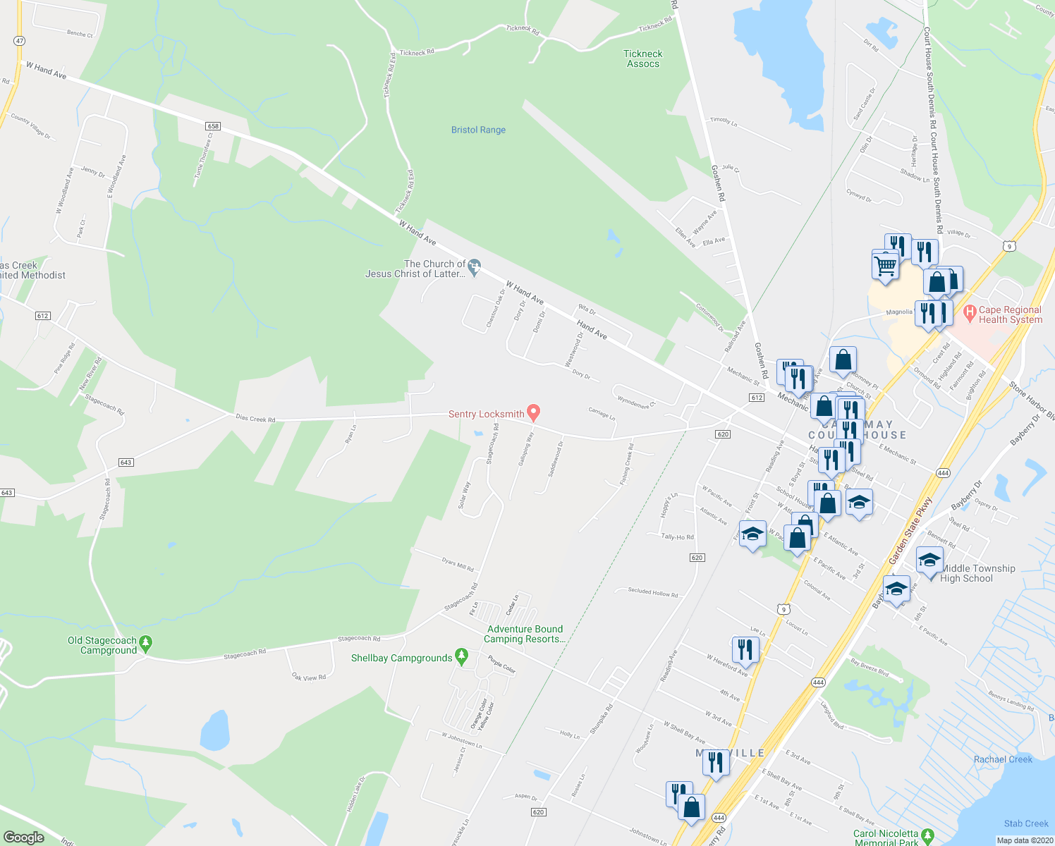 map of restaurants, bars, coffee shops, grocery stores, and more near 437 Dias Creek Road in Cape May County