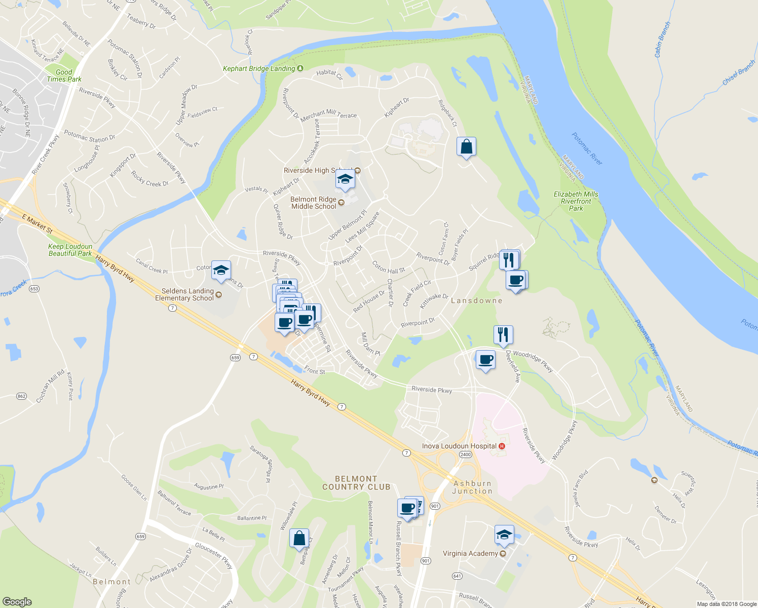 map of restaurants, bars, coffee shops, grocery stores, and more near 43728 Collett Mill Court in Leesburg