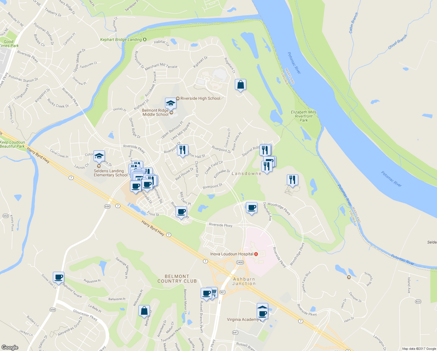 map of restaurants, bars, coffee shops, grocery stores, and more near 43859 Kittiwake Drive in Leesburg
