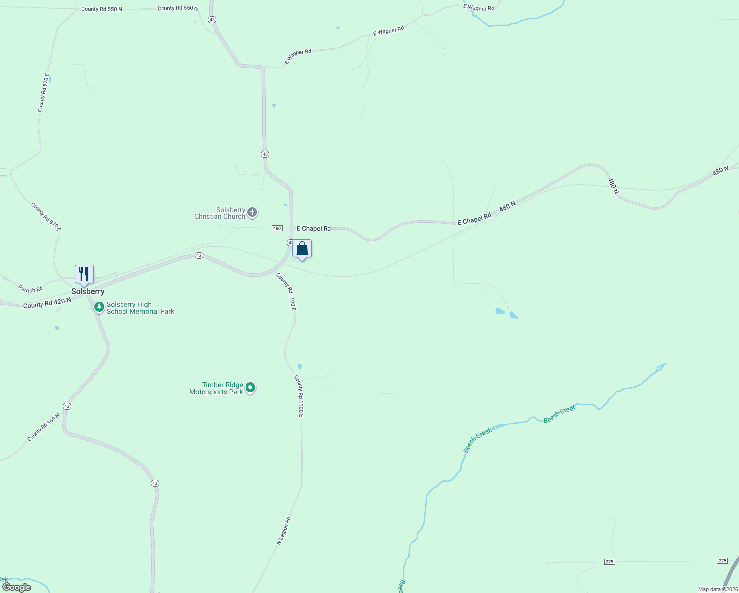 map of restaurants, bars, coffee shops, grocery stores, and more near 11364 East Chapel Road in Solsberry