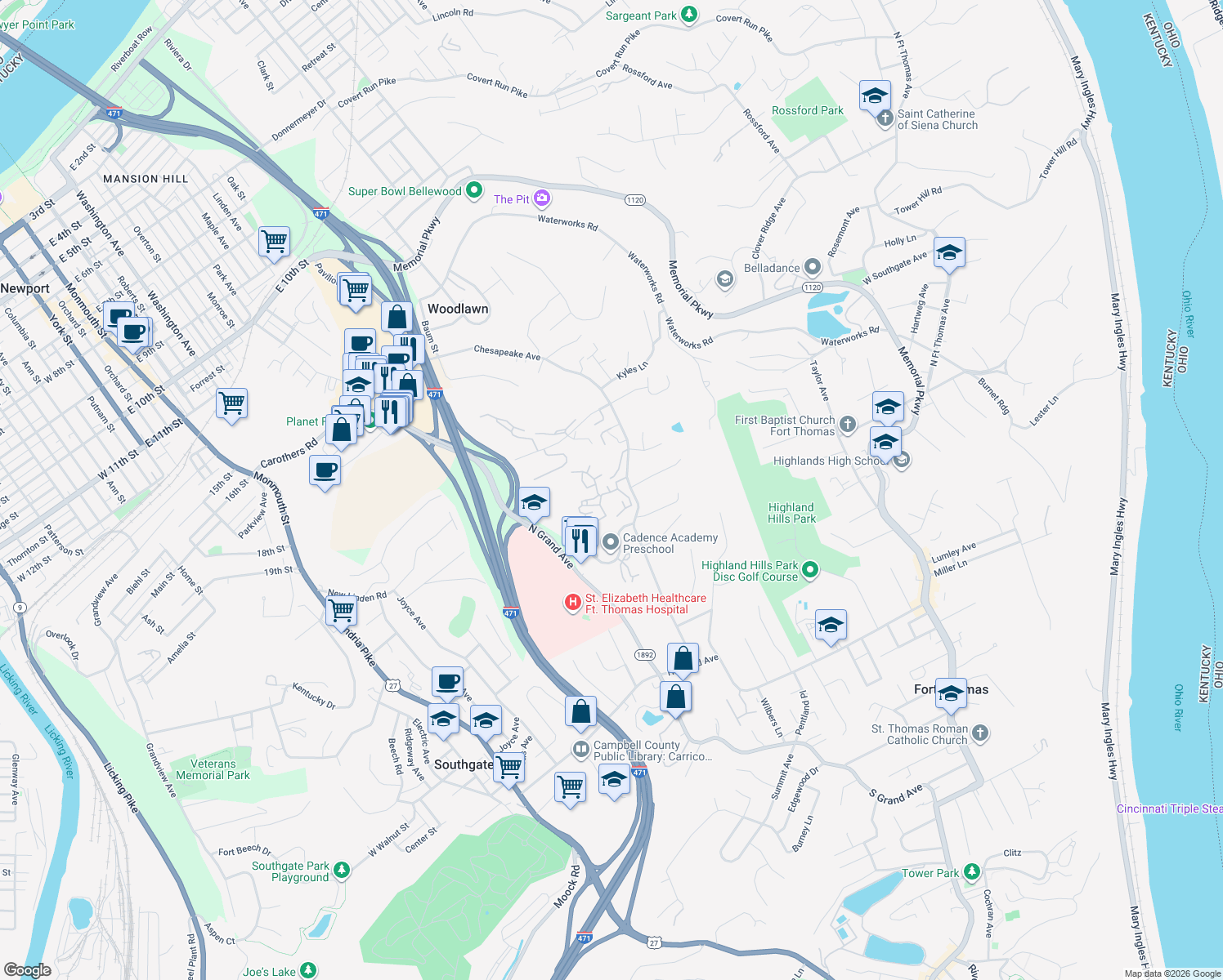 map of restaurants, bars, coffee shops, grocery stores, and more near in Fort Thomas