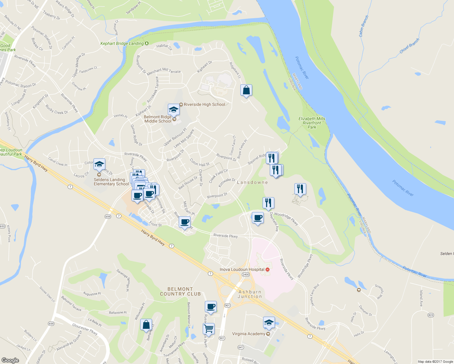 map of restaurants, bars, coffee shops, grocery stores, and more near 43871 Kittiwake Drive in Leesburg