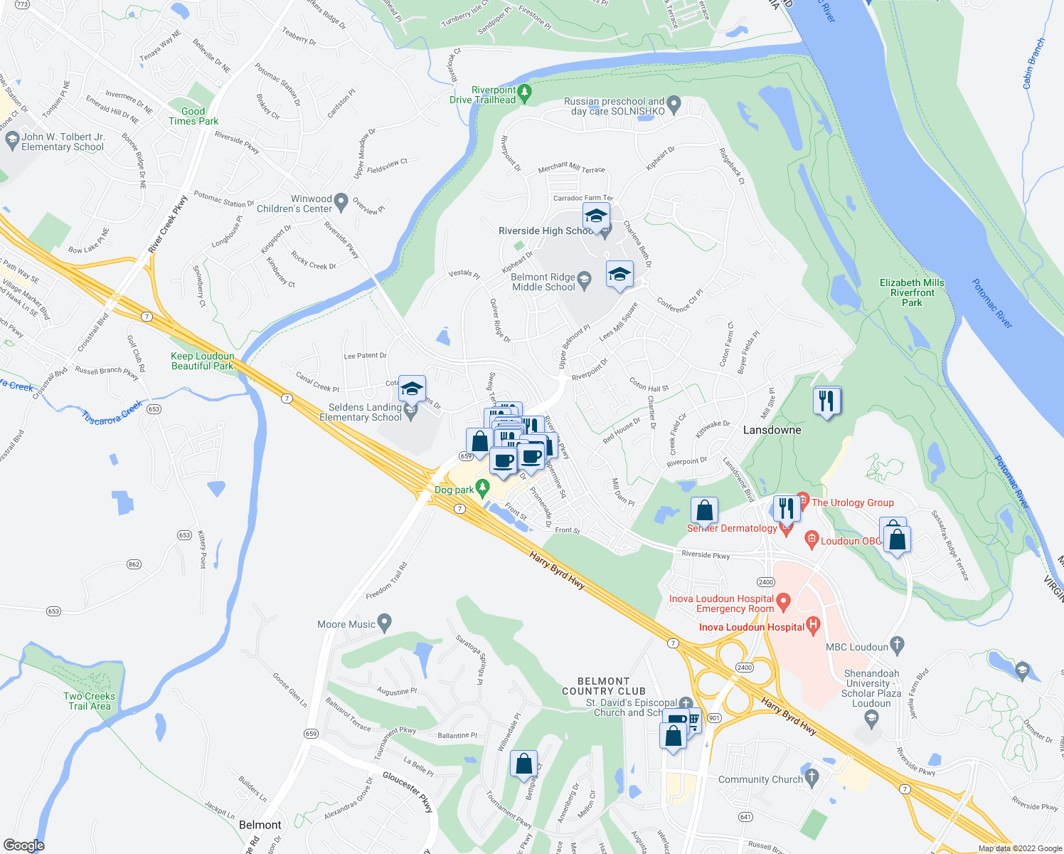 map of restaurants, bars, coffee shops, grocery stores, and more near 19288 Harlow Square in Leesburg