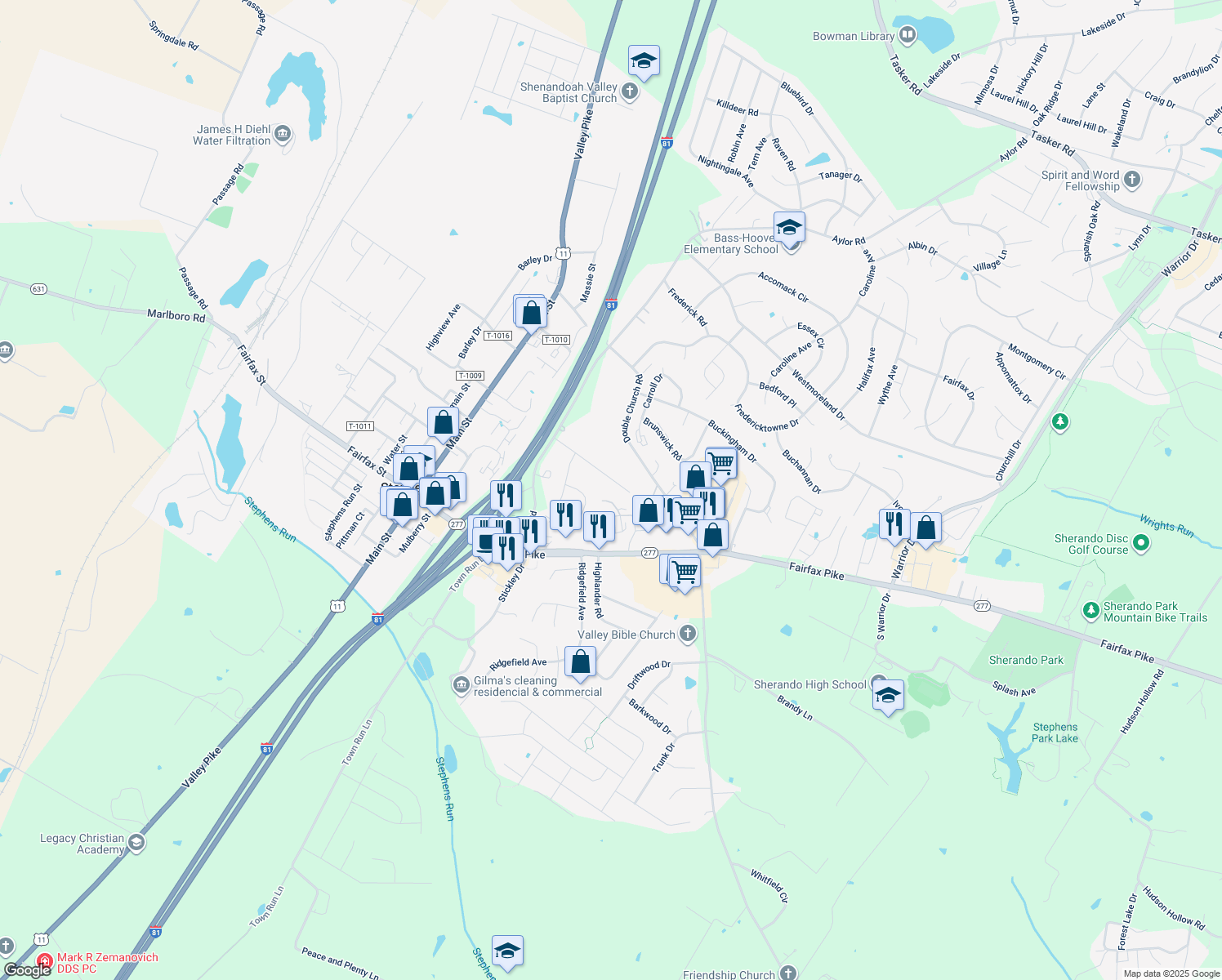 map of restaurants, bars, coffee shops, grocery stores, and more near 118 Harmon Place in Stephens City