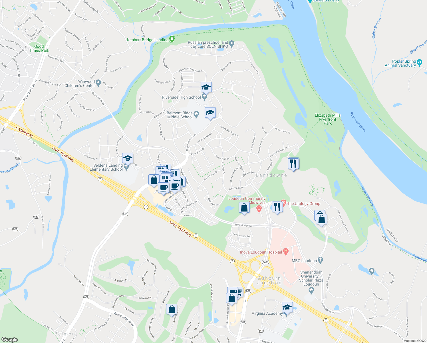 map of restaurants, bars, coffee shops, grocery stores, and more near 43716 Red House Drive in Leesburg