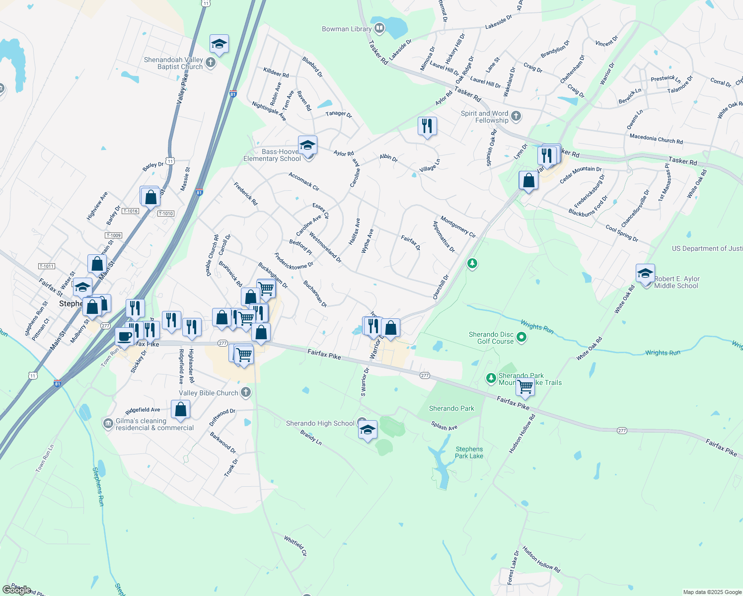 map of restaurants, bars, coffee shops, grocery stores, and more near 115 Ian Court in Stephens City