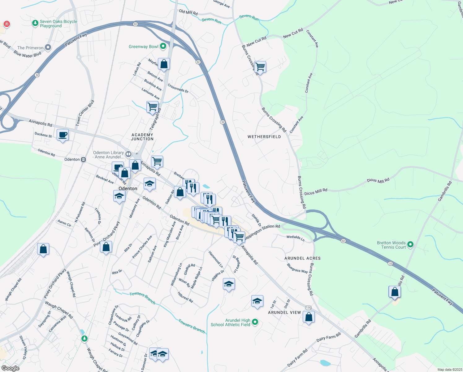 map of restaurants, bars, coffee shops, grocery stores, and more near 546 Greencrest Lane in Odenton