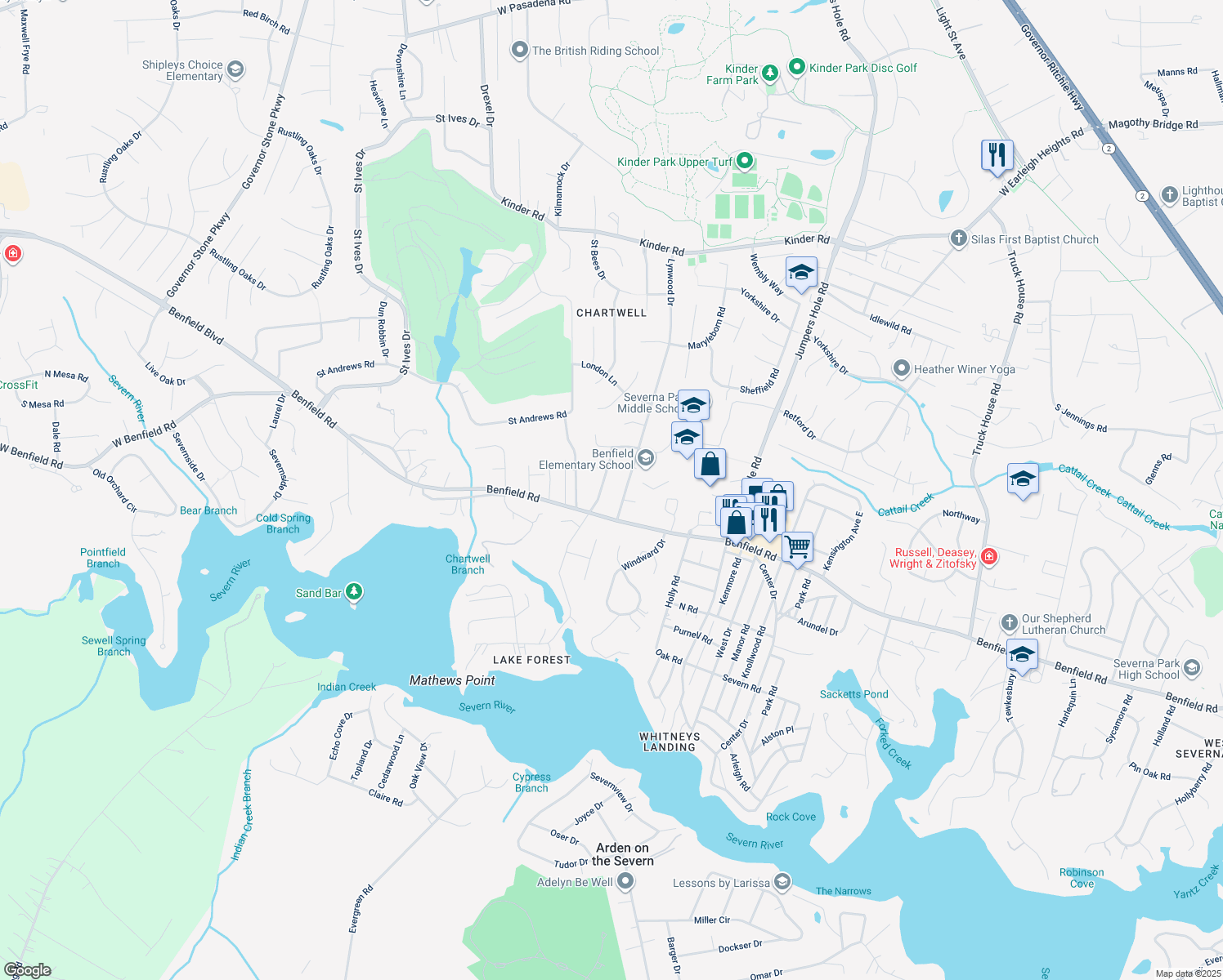 map of restaurants, bars, coffee shops, grocery stores, and more near 439 Lakeland Road North in Severna Park