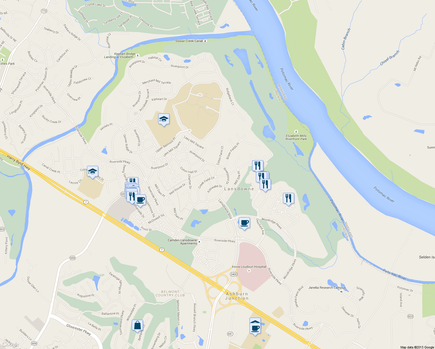 map of restaurants, bars, coffee shops, grocery stores, and more near 19229 Creek Field Circle in Leesburg
