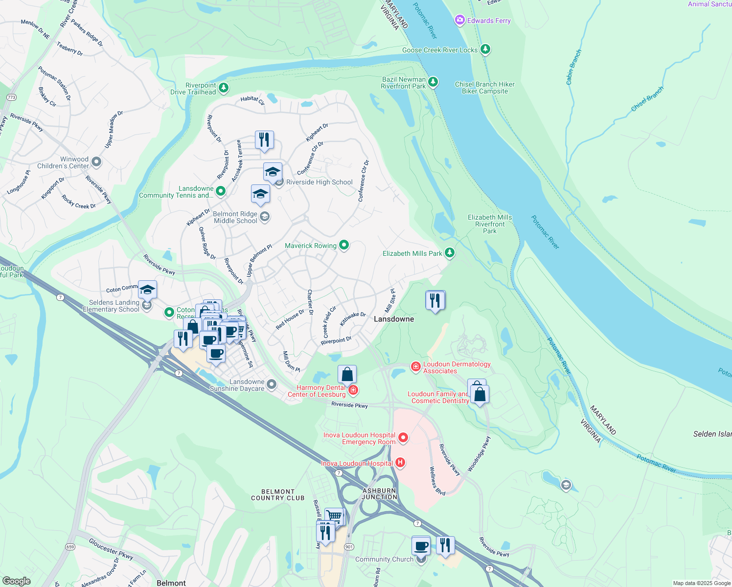 map of restaurants, bars, coffee shops, grocery stores, and more near 19221 Creek Field Circle in Leesburg