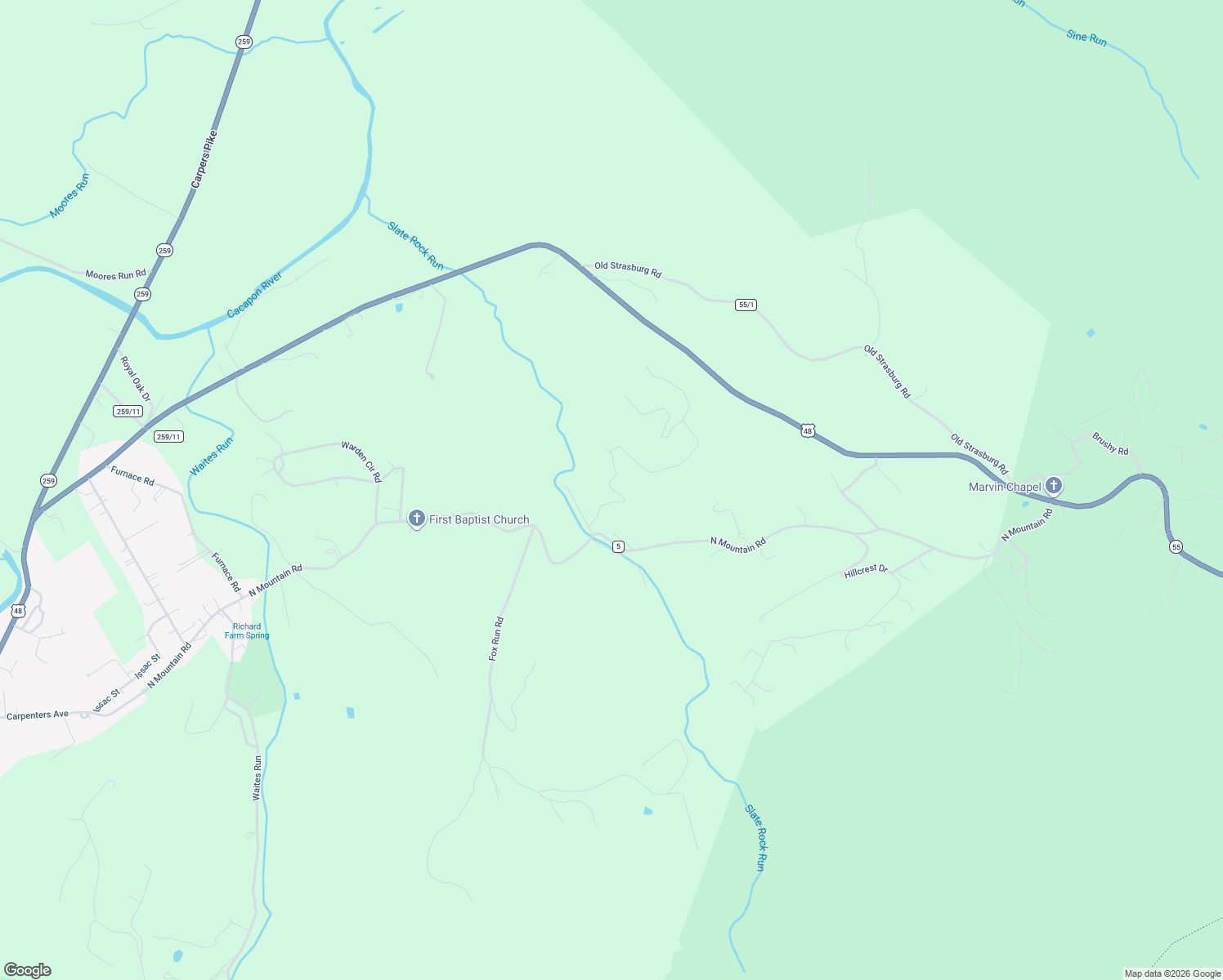 map of restaurants, bars, coffee shops, grocery stores, and more near 78 High Point Drive in Wardensville