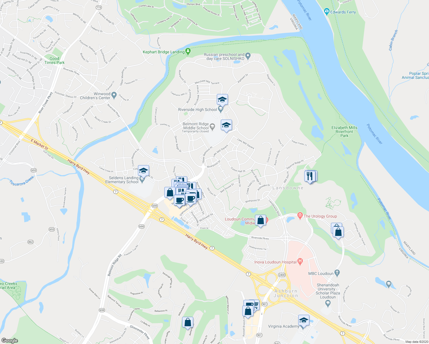 map of restaurants, bars, coffee shops, grocery stores, and more near 19186 Greystone Square in Leesburg