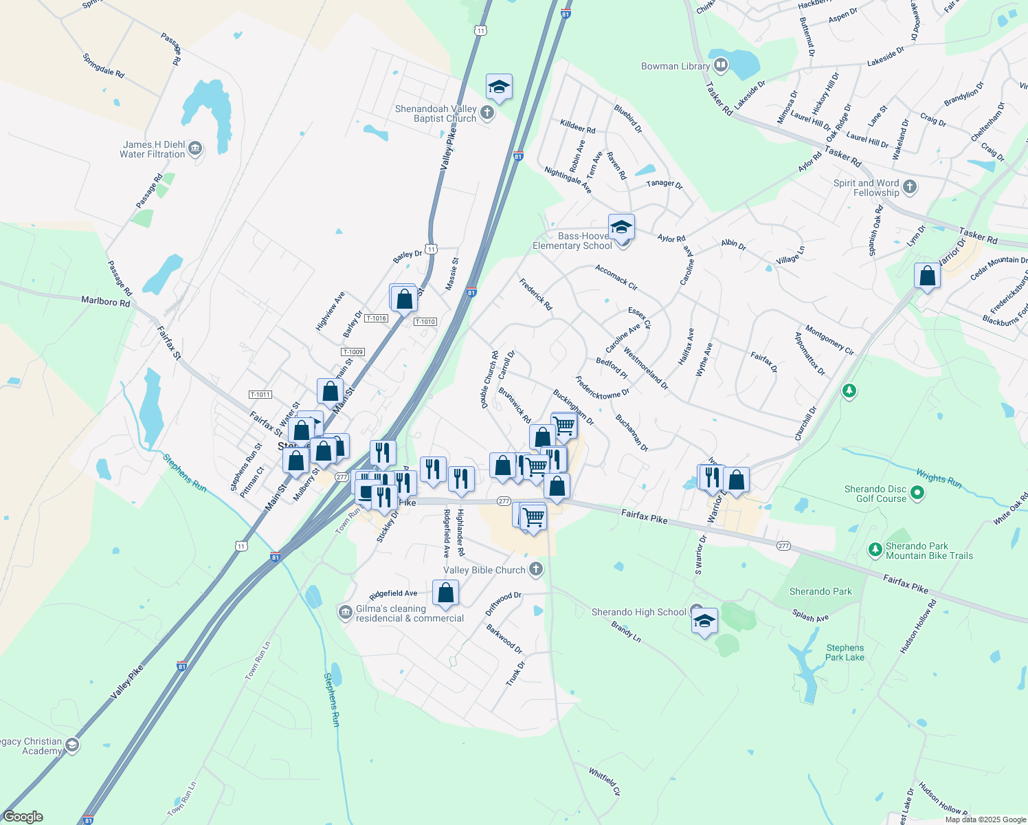 map of restaurants, bars, coffee shops, grocery stores, and more near 223 Brunswick Road in Stephens City