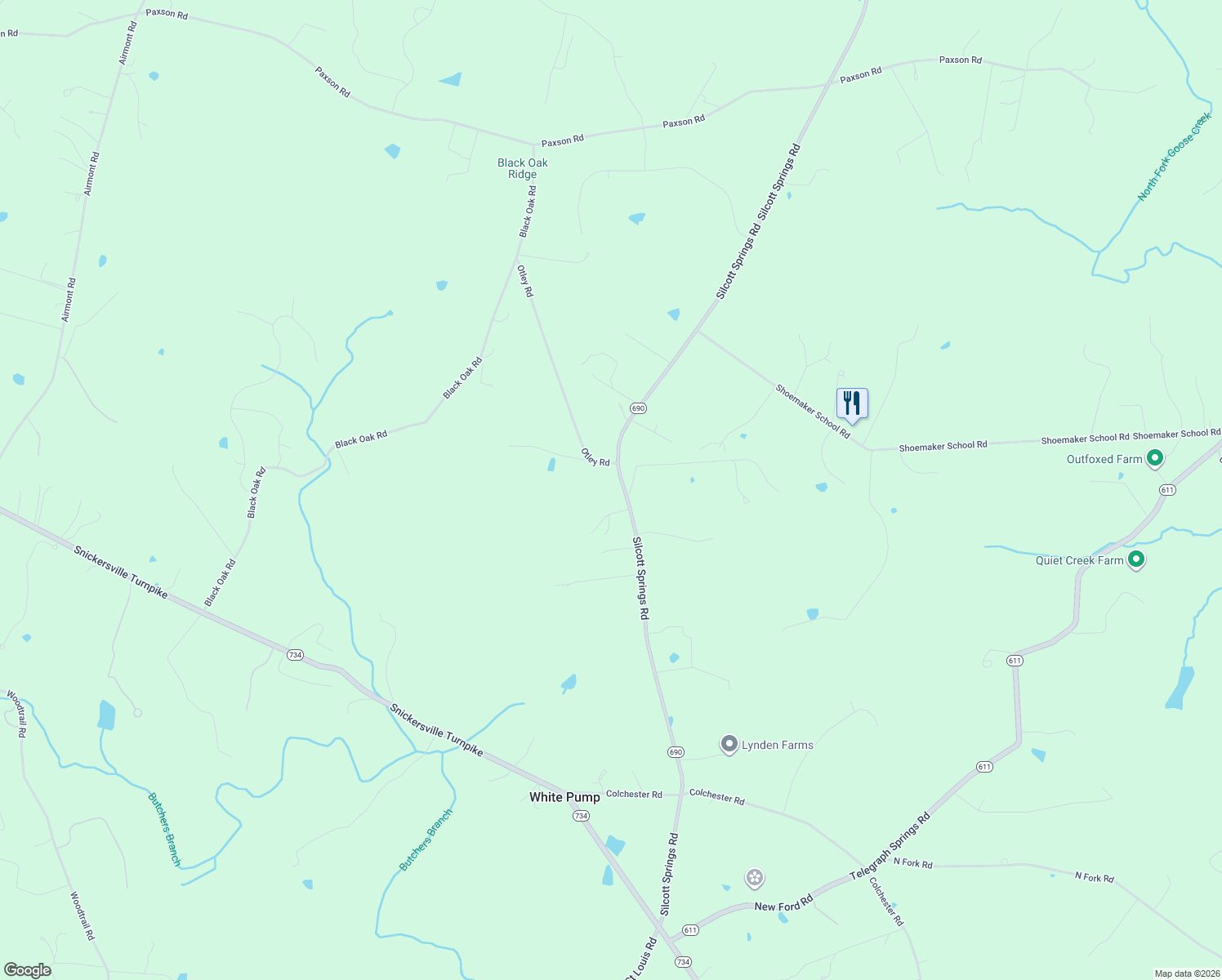 map of restaurants, bars, coffee shops, grocery stores, and more near 19263 Silcott Springs Rd in Purcellville