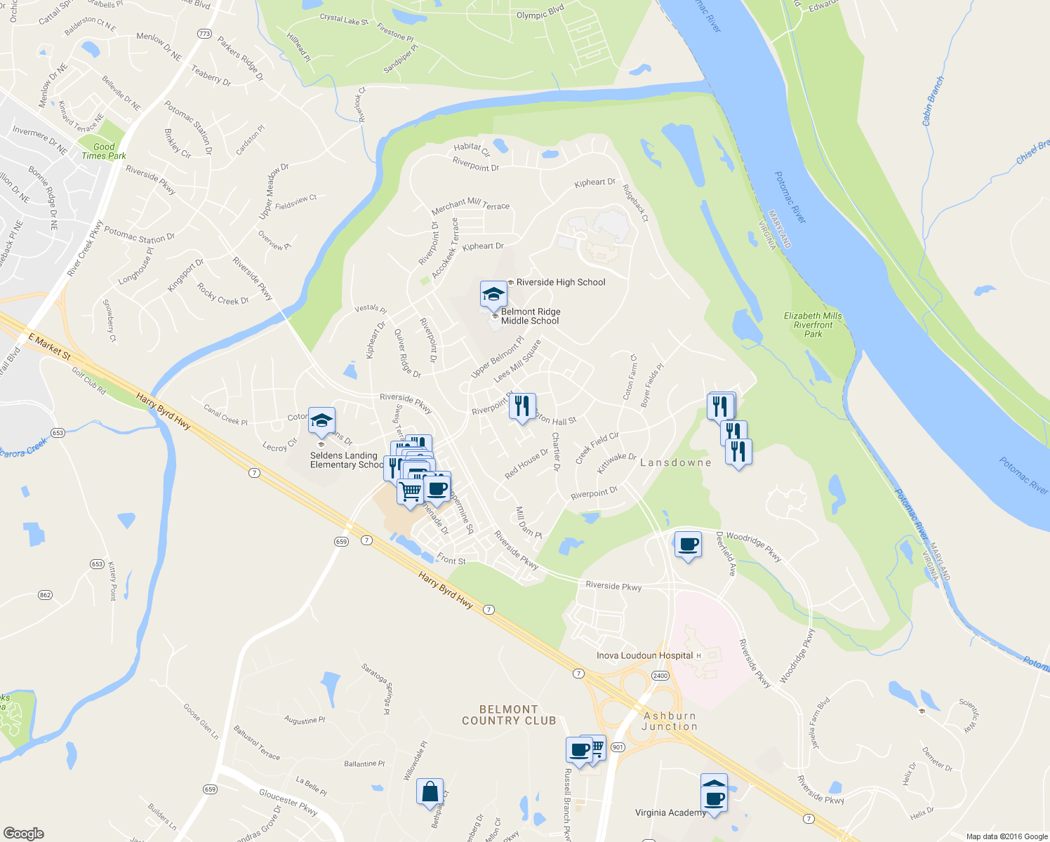 map of restaurants, bars, coffee shops, grocery stores, and more near 43689 Warbler Square in Leesburg