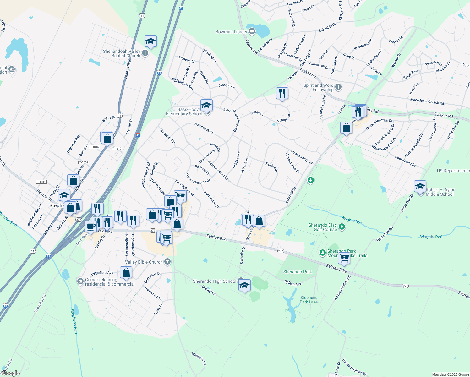 map of restaurants, bars, coffee shops, grocery stores, and more near 416 Westmoreland Drive in Stephens City