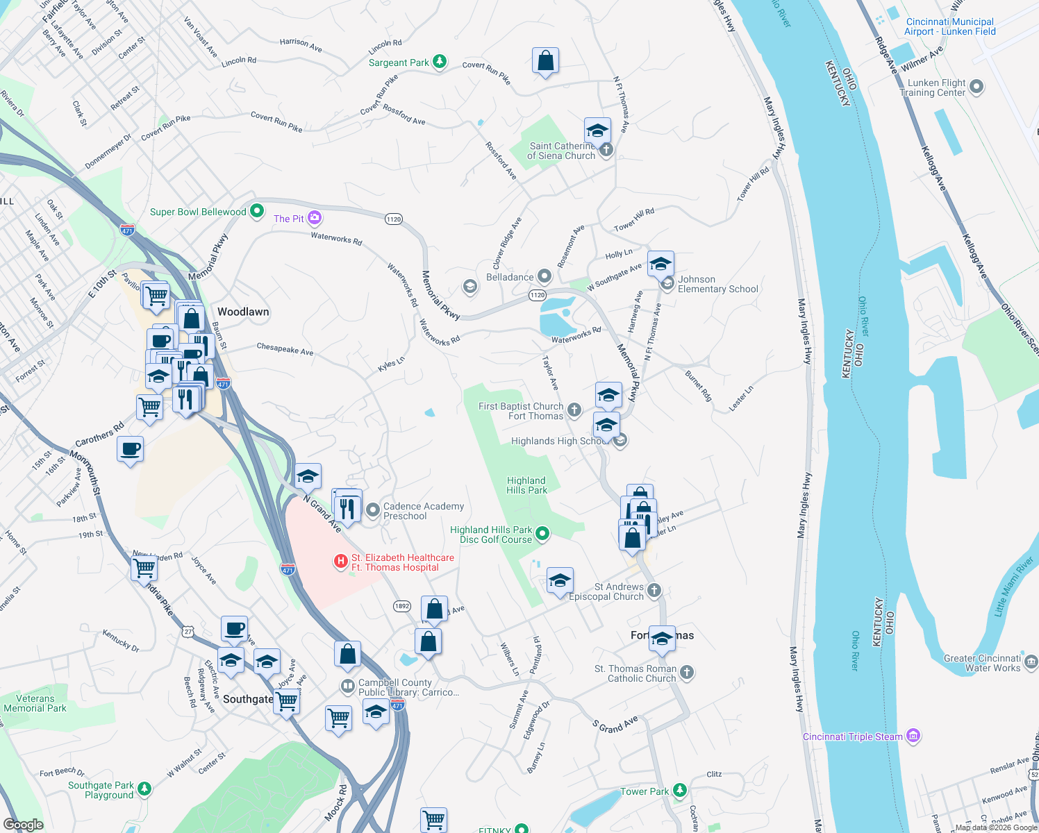map of restaurants, bars, coffee shops, grocery stores, and more near 125 Ohio Avenue in Fort Thomas