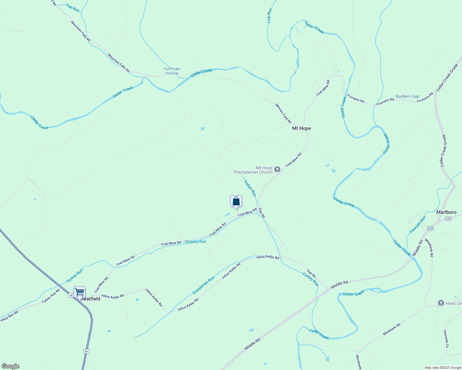 map of restaurants, bars, coffee shops, grocery stores, and more near 115 Speelman Lane in Strasburg