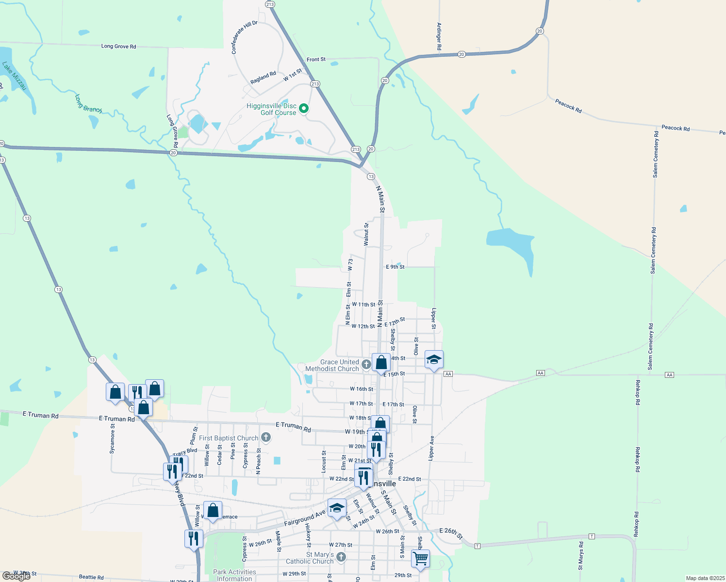 map of restaurants, bars, coffee shops, grocery stores, and more near 1000 Walnut Street in Higginsville