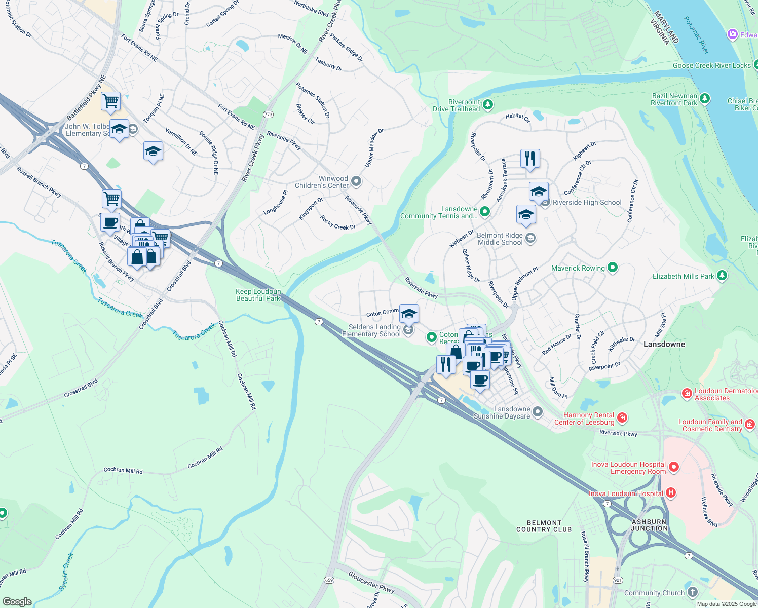 map of restaurants, bars, coffee shops, grocery stores, and more near 19126 Moselle Way in Leesburg