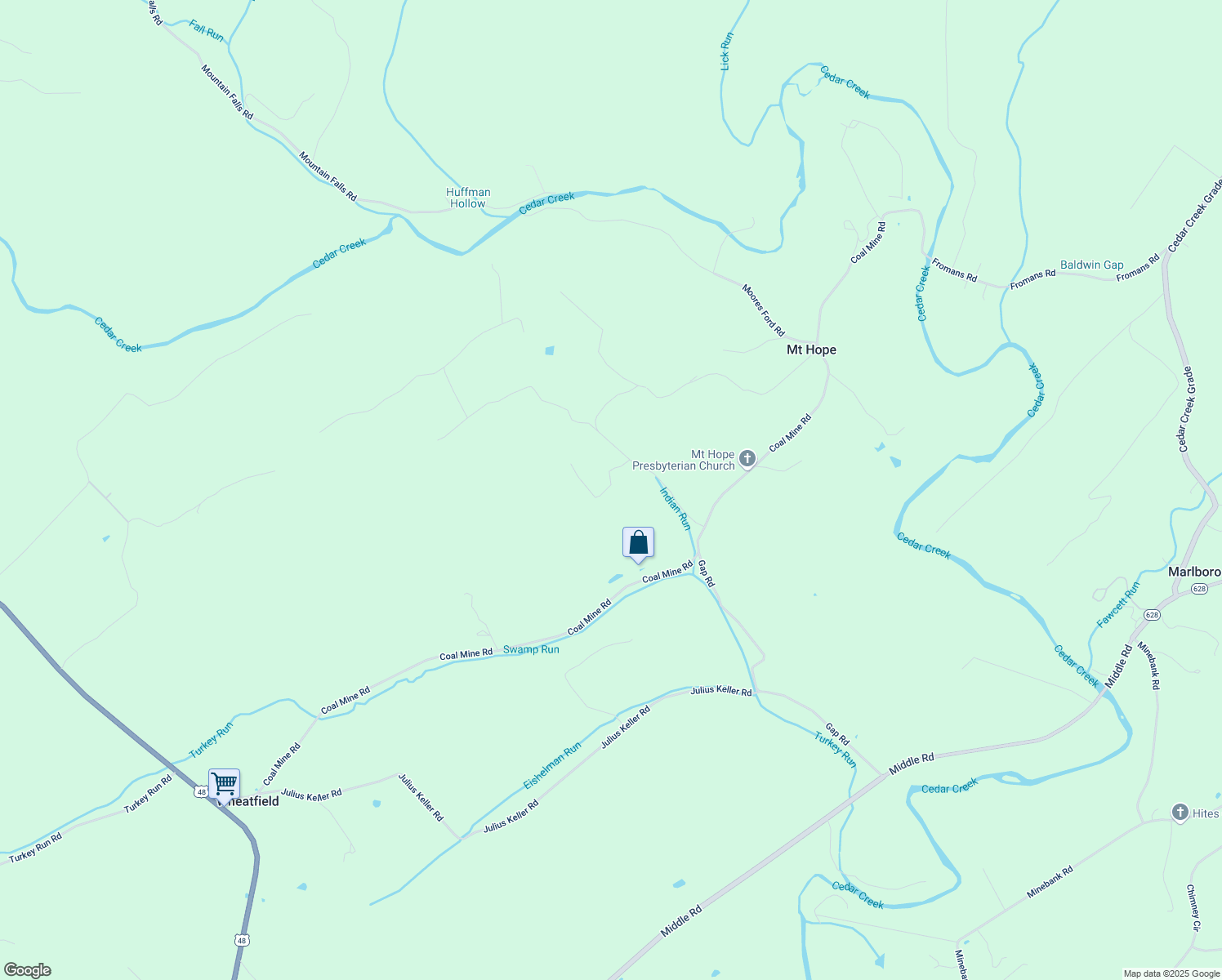 map of restaurants, bars, coffee shops, grocery stores, and more near 115 Speelman Lane in Strasburg